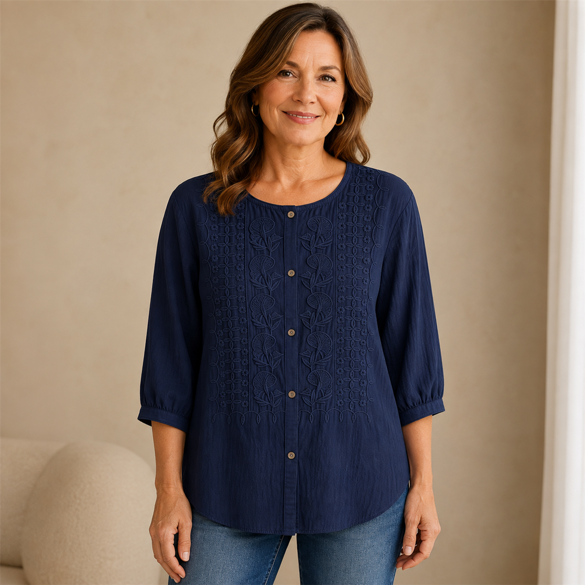 Women's Floral-Embroidered Button-Front Three-Quarter-Sleeve Blouse - 4-Piece Navy Blue Set - 26.99 $