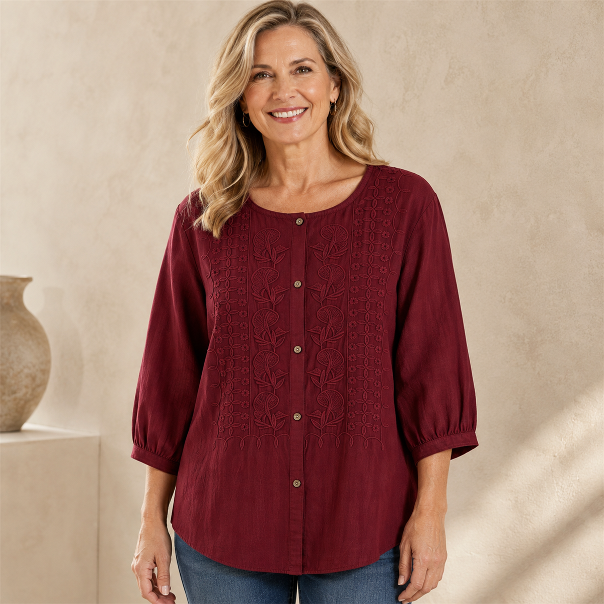 Women's Floral-Embroidered Button-Front Three-Quarter-Sleeve Blouse - 4-Piece Burgundy Set - 26.99 $