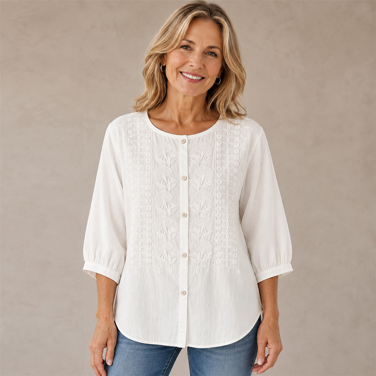 Women's Floral-Embroidered Button-Front Three-Quarter-Sleeve Blouse - 4-Piece Ivory Set - 26.99 $