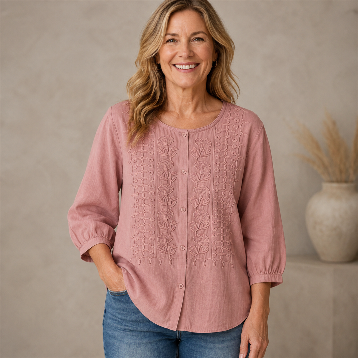 Women's Floral-Embroidered Button-Front Three-Quarter-Sleeve Blouse - 4-Piece Dusty Rose Set - 26.99 $