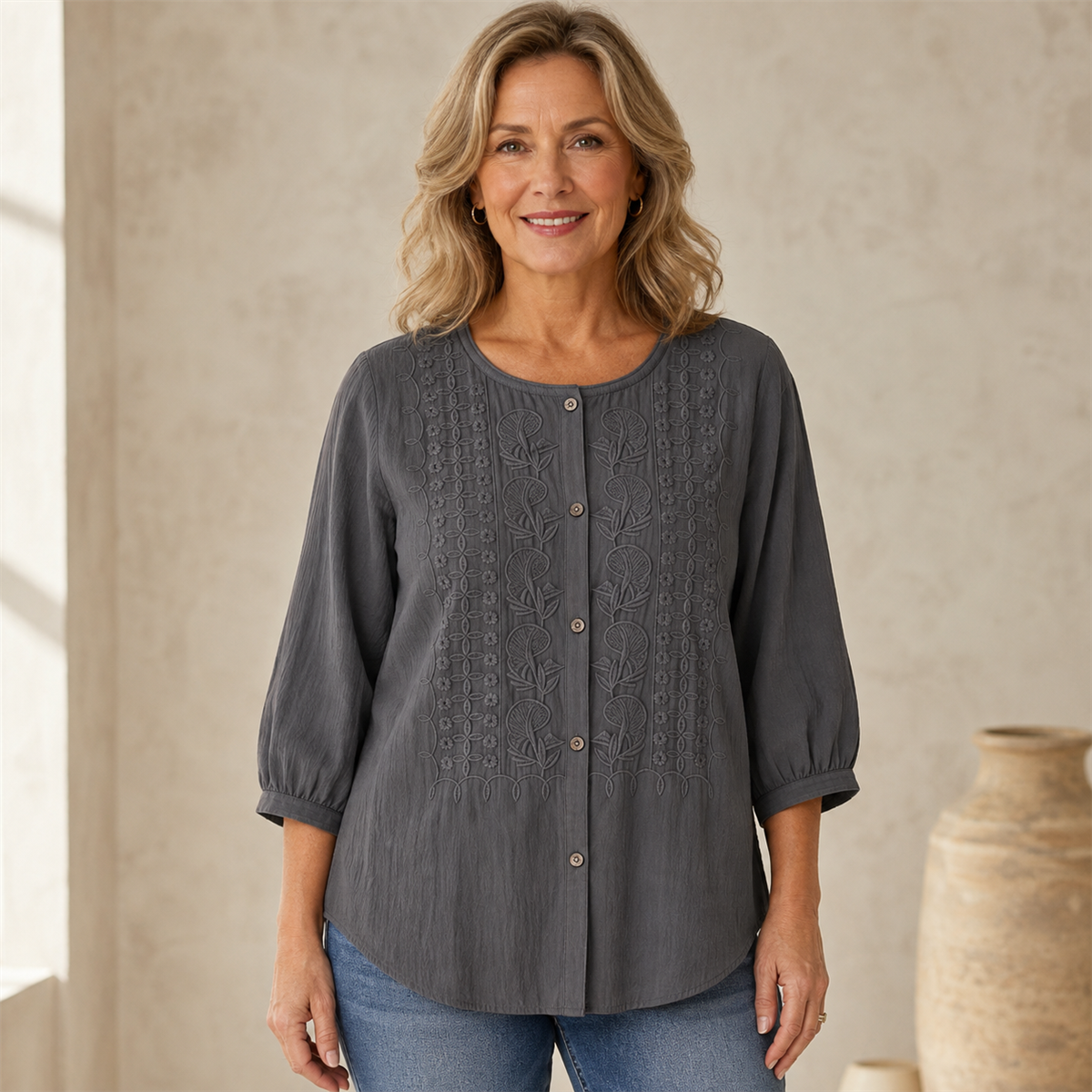 Women's Floral-Embroidered Button-Front Three-Quarter-Sleeve Blouse - 4-Piece Charcoal Gray Set - 26.99 $