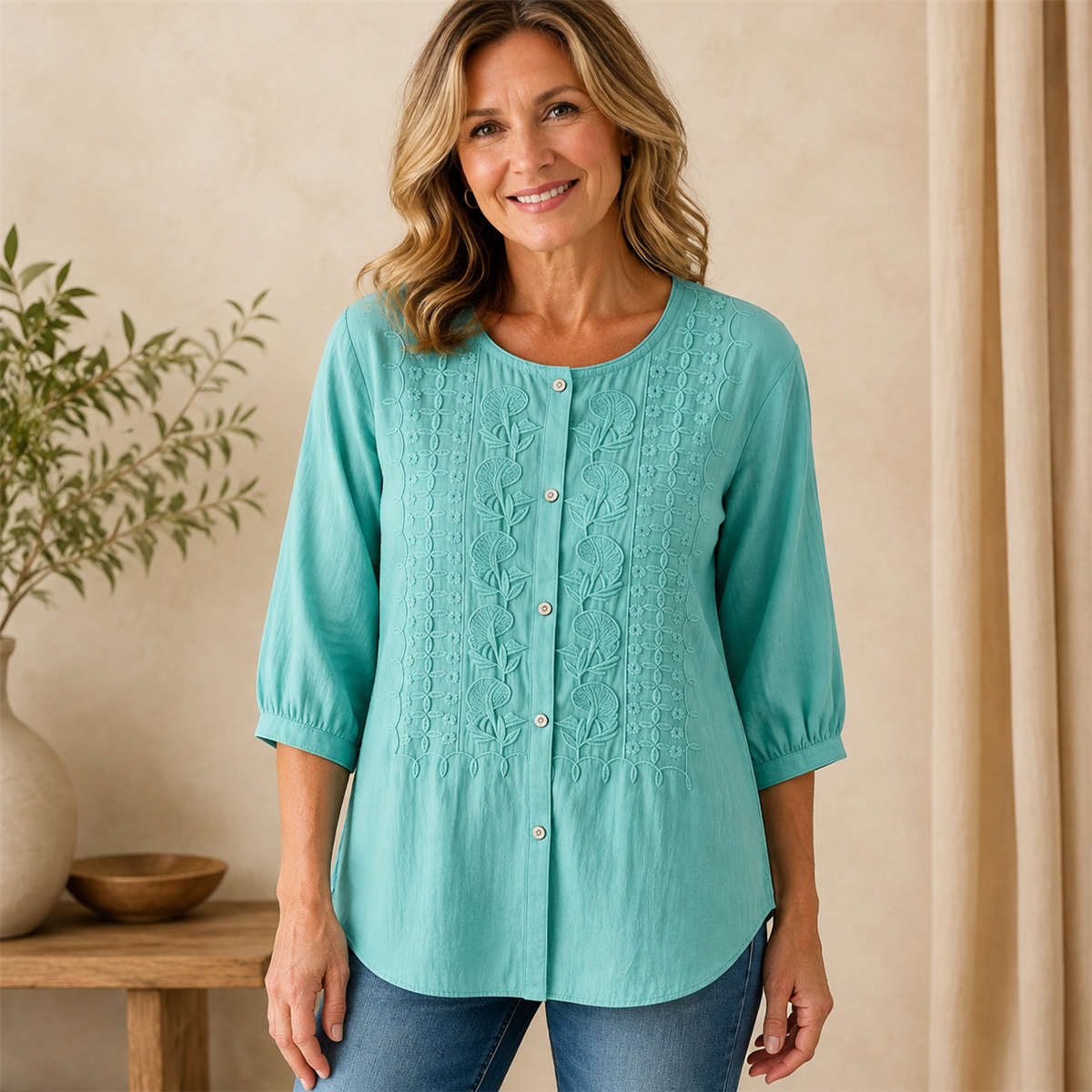 Women's Floral-Embroidered Button-Front Three-Quarter-Sleeve Blouse - 4-Piece Teal Set - 26.99 $