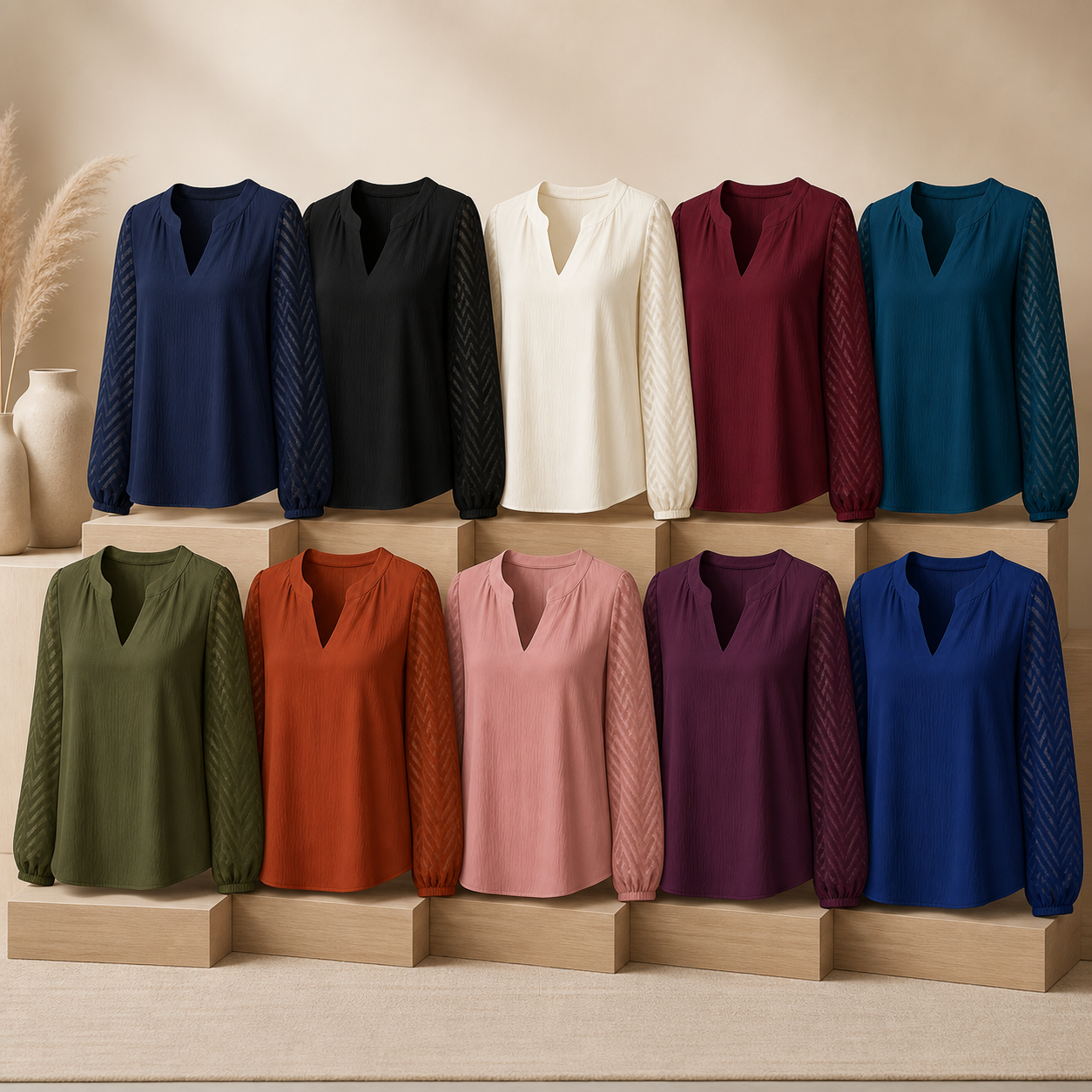 Women's Textured-Sleeve Split-Neck Long-Sleeve Blouse - 10 Piece - Complete Color Collection - 36.99 $