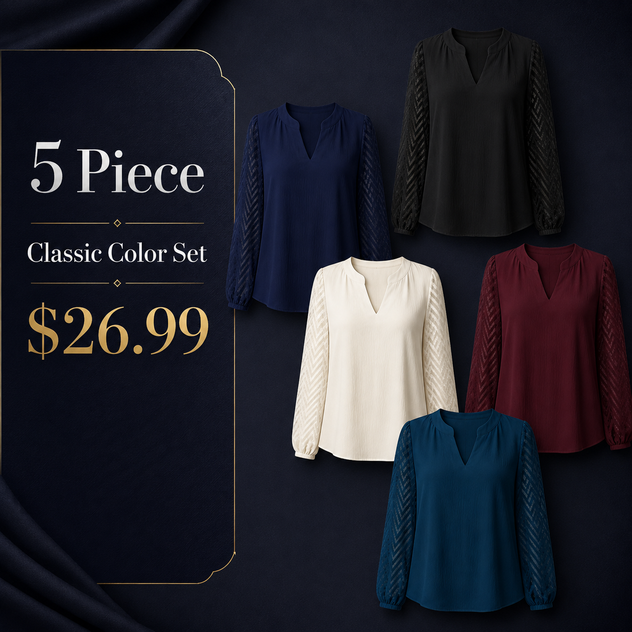 Women's Textured-Sleeve Split-Neck Long-Sleeve Blouse - 5 Piece - Classic Color Set - 26.99 $