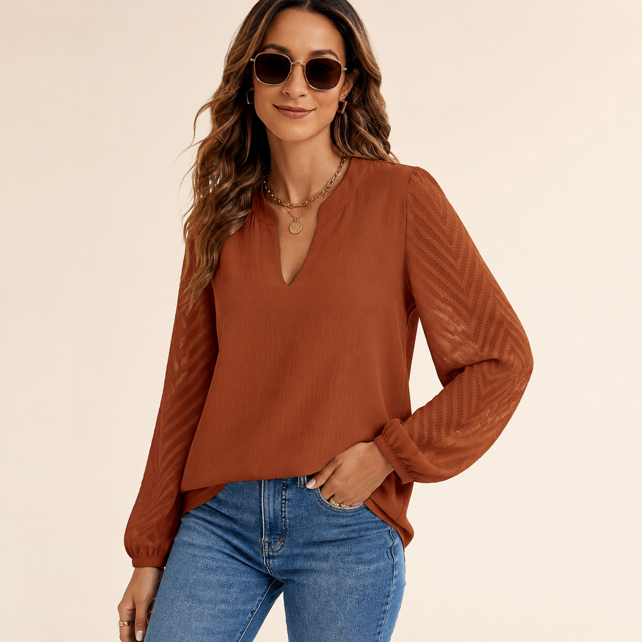 Women's Textured-Sleeve Split-Neck Long-Sleeve Blouse - 5-Piece Dusty Rose Set - 26.99 $