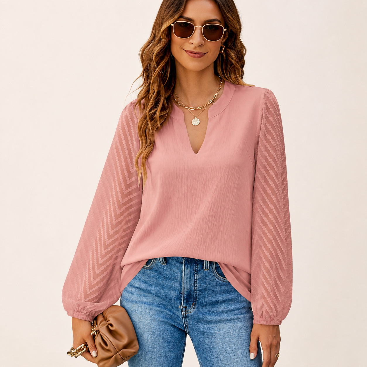 Women's Textured-Sleeve Split-Neck Long-Sleeve Blouse - 5-Piece Plum Set - 26.99 $