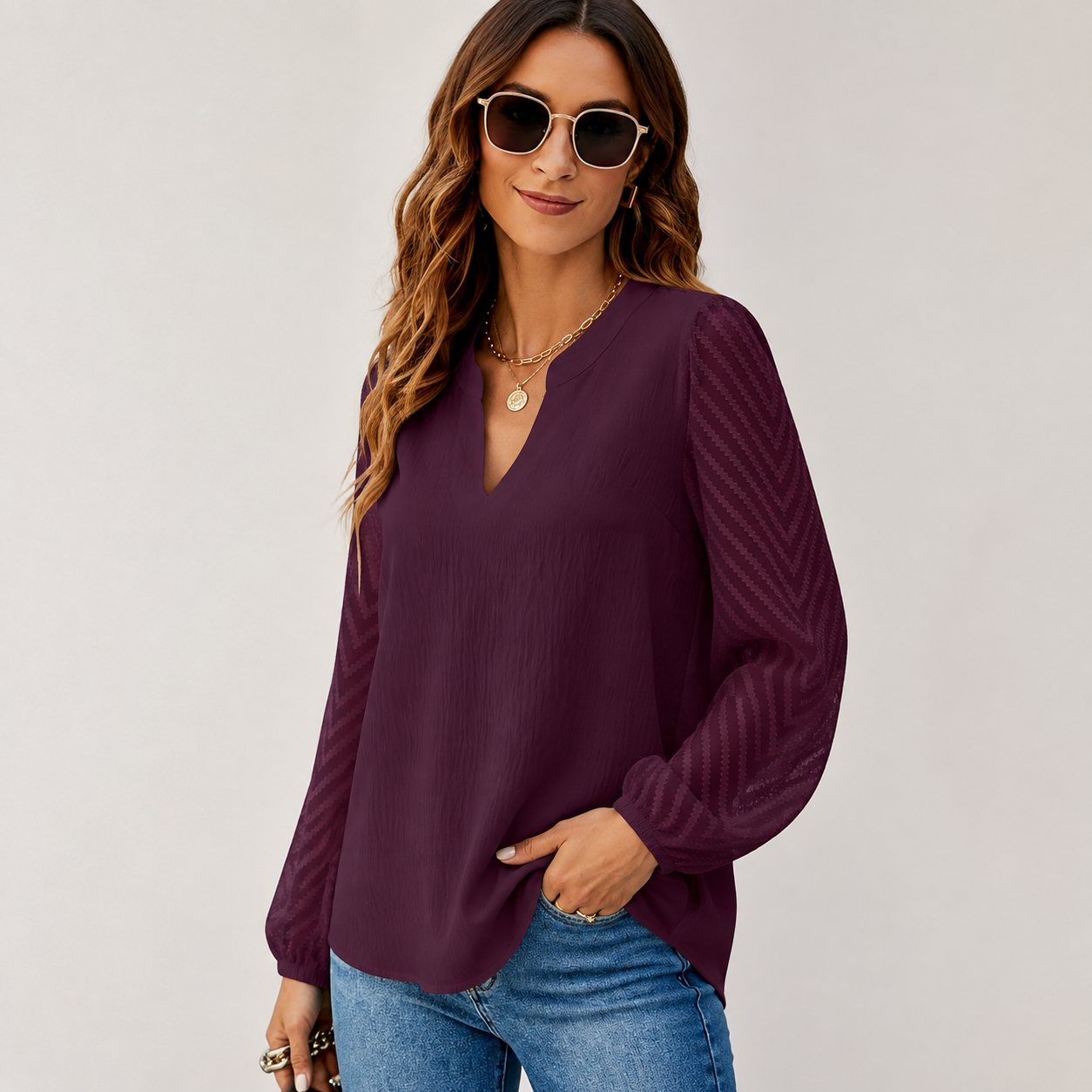 Women's Textured-Sleeve Split-Neck Long-Sleeve Blouse - 5-Piece Royal Blue Set - 26.99 $