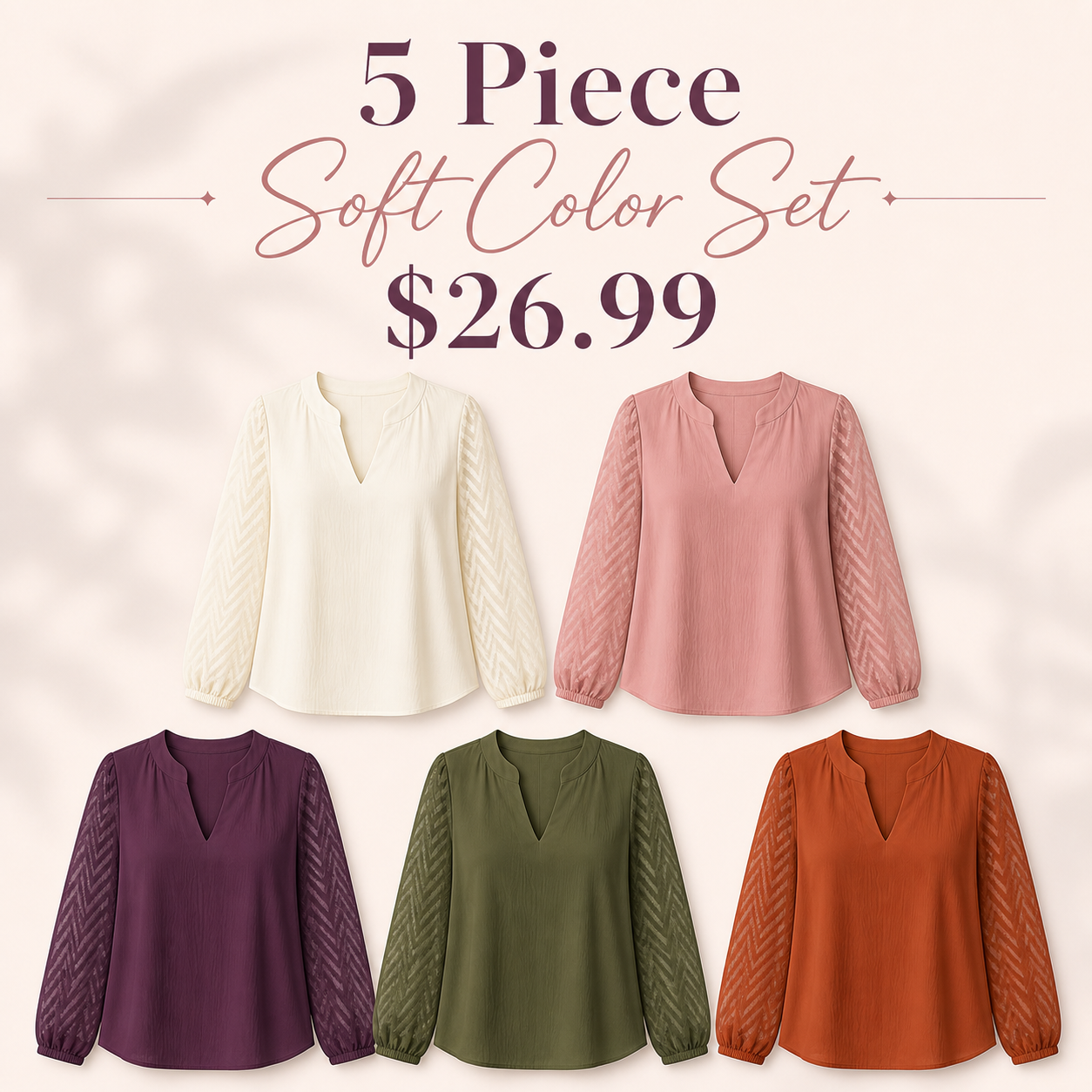Women's Textured-Sleeve Split-Neck Long-Sleeve Blouse - 5 Piece - Soft Color Set - 26.99 $