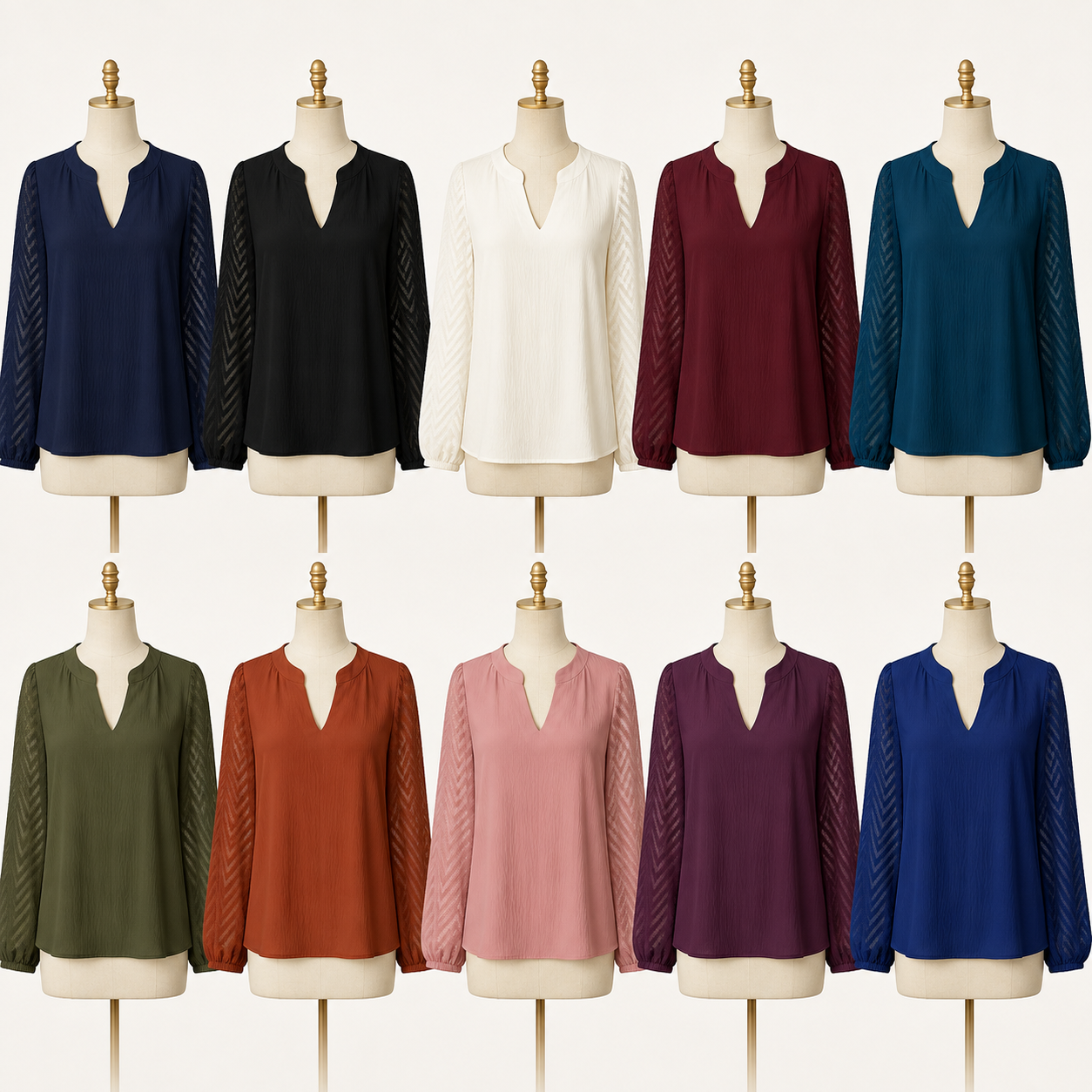 Women's Textured-Sleeve Split-Neck Long-Sleeve Blouse - 5-Piece Navy Set - 26.99 $
