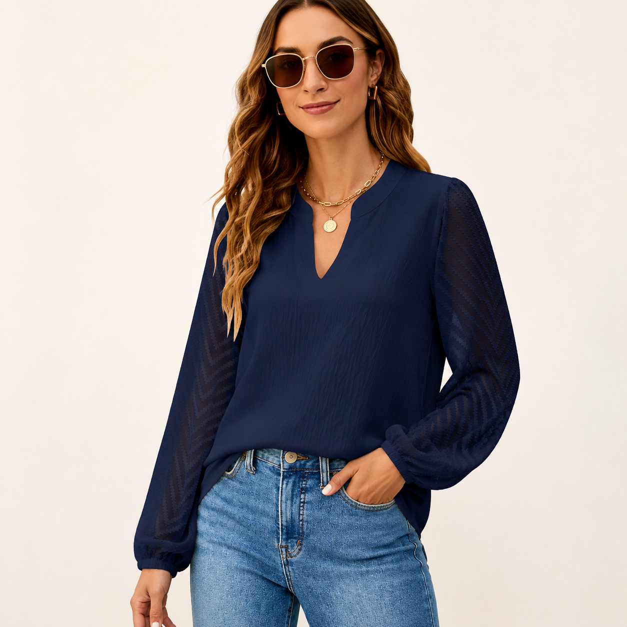 Women's Textured-Sleeve Split-Neck Long-Sleeve Blouse - 5-Piece Black Set - 26.99 $