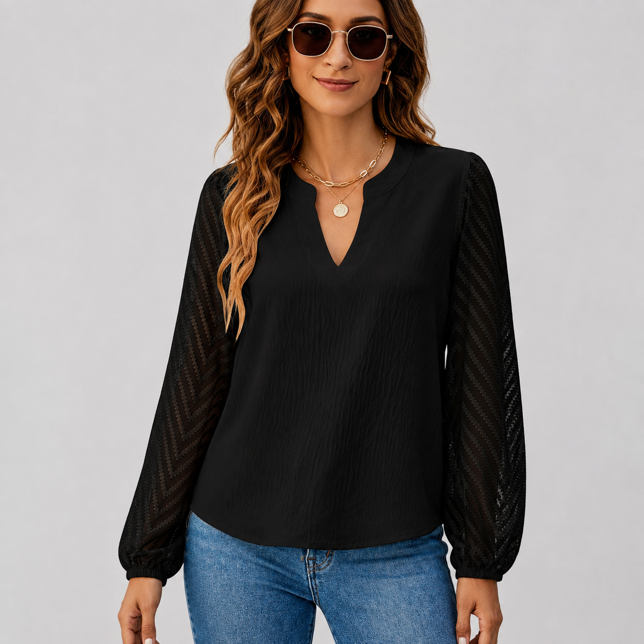 Women's Textured-Sleeve Split-Neck Long-Sleeve Blouse - 5-Piece Ivory Set - 26.99 $