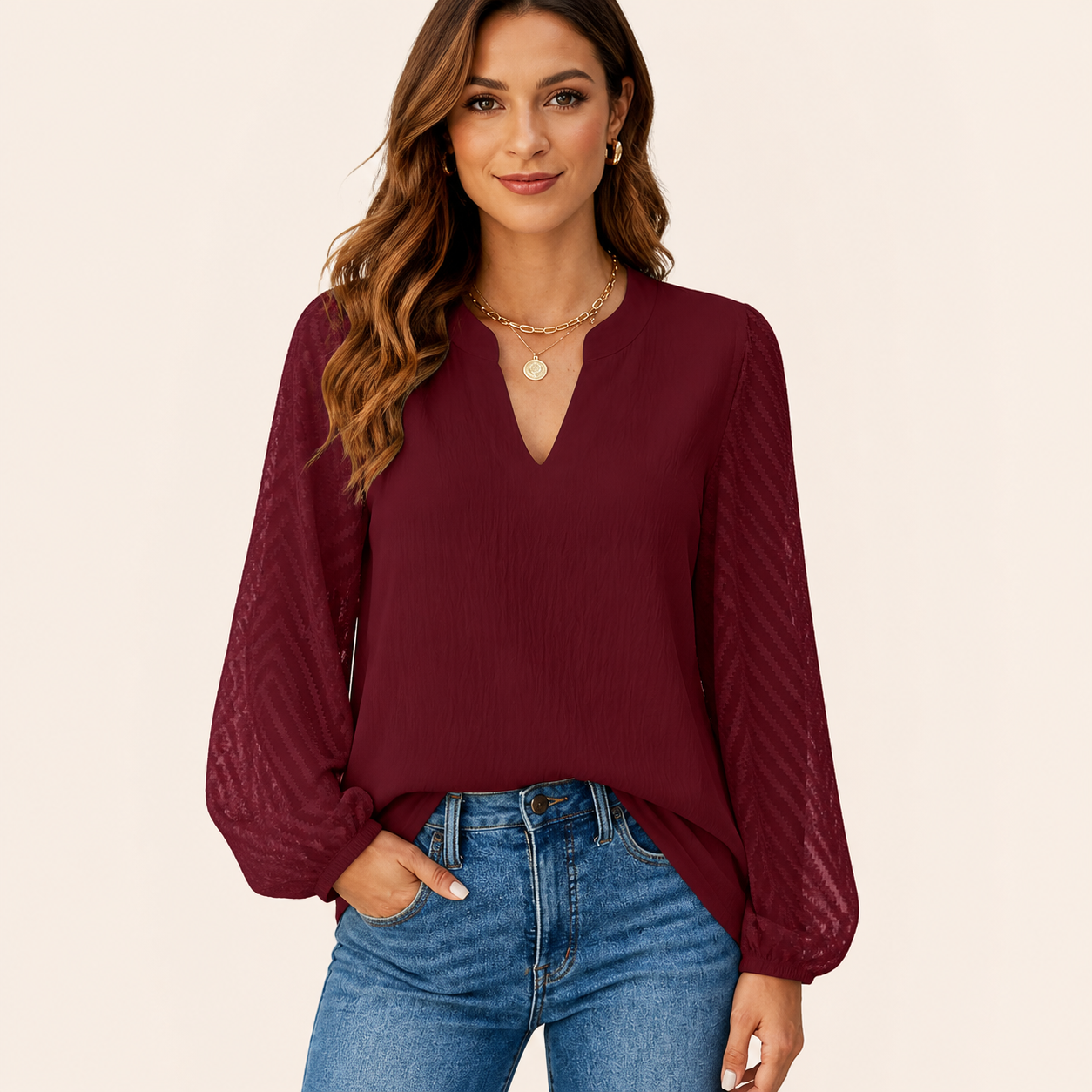 Women's Textured-Sleeve Split-Neck Long-Sleeve Blouse - 5-Piece Deep Teal Set - 26.99 $