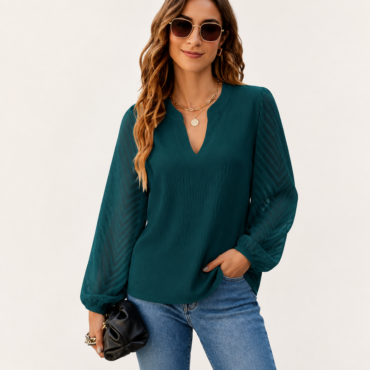 Women's Textured-Sleeve Split-Neck Long-Sleeve Blouse - 5-Piece Olive Set - 26.99 $
