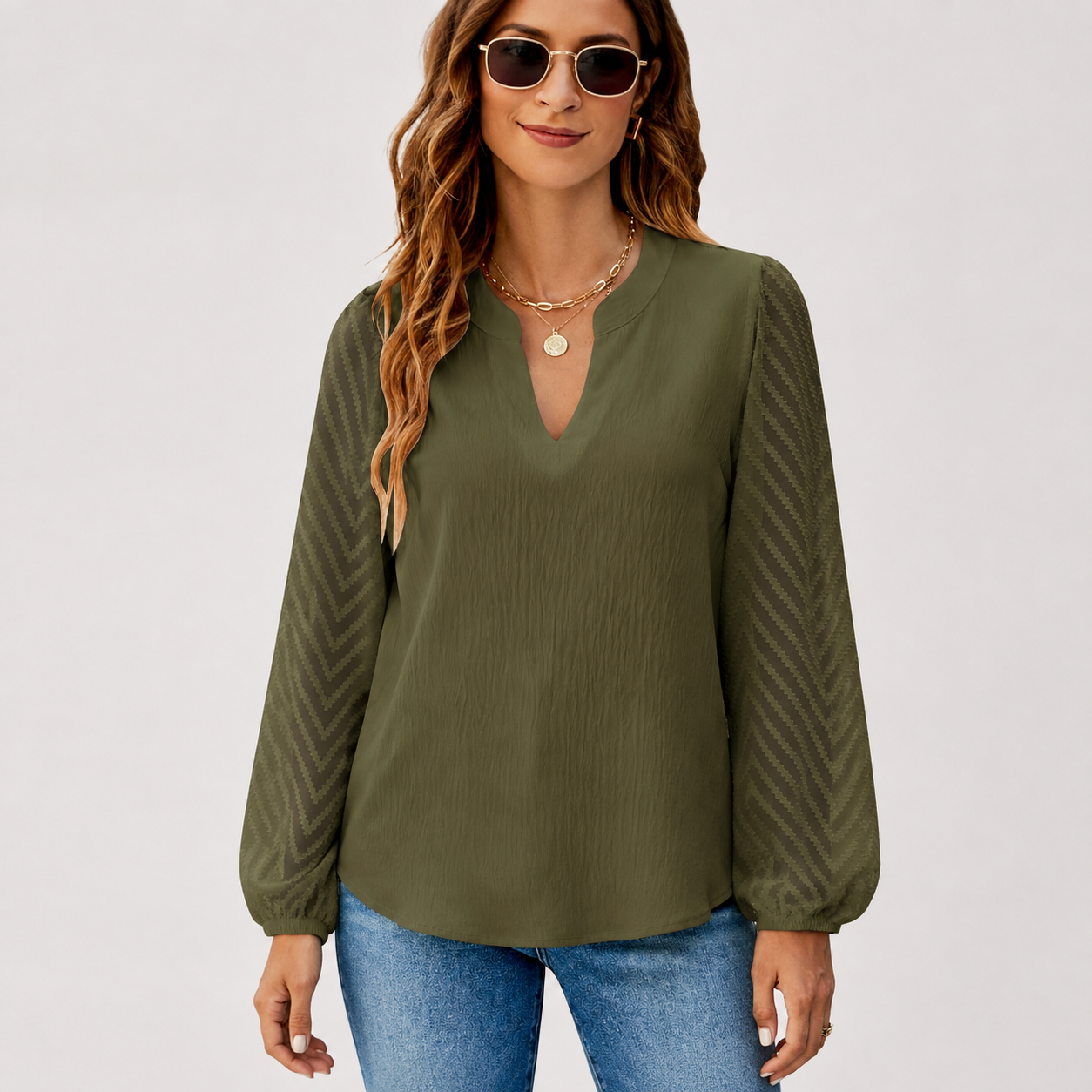 Women's Textured-Sleeve Split-Neck Long-Sleeve Blouse - 5-Piece Rust Set - 26.99 $