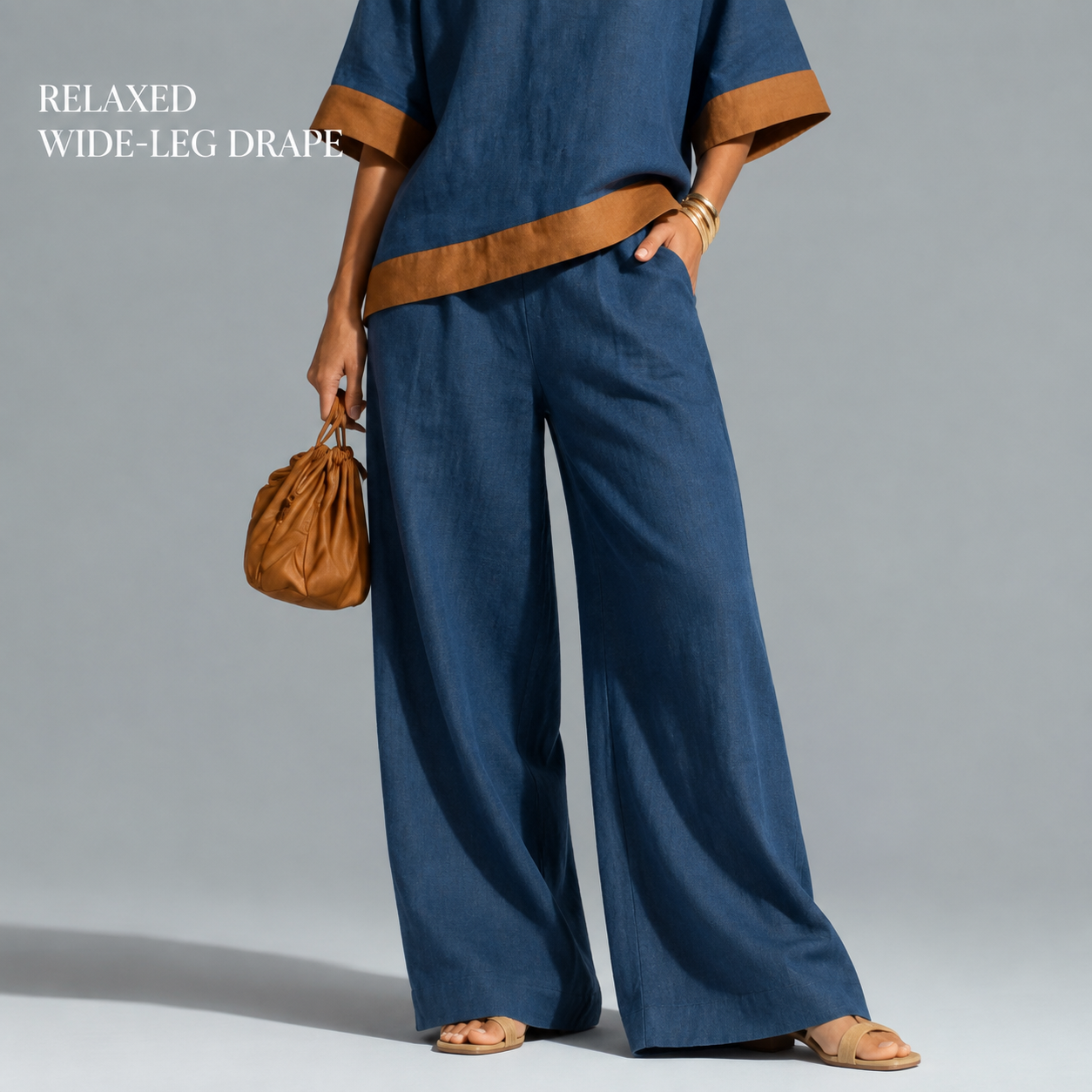 Women's Contrast-Trim Split-Neck Top and Wide-Leg Pants Set - Detail of