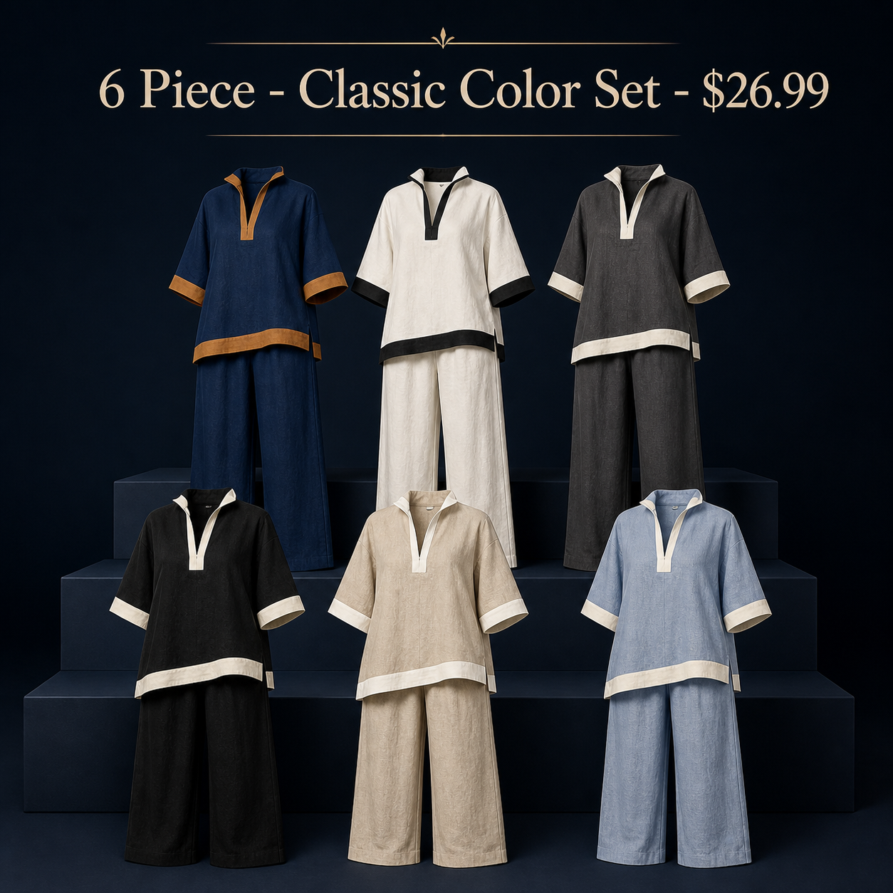 Women's Contrast-Trim Split-Neck Top and Wide-Leg Pants Set - 6 Piece - Classic Color Set - 26.99 $