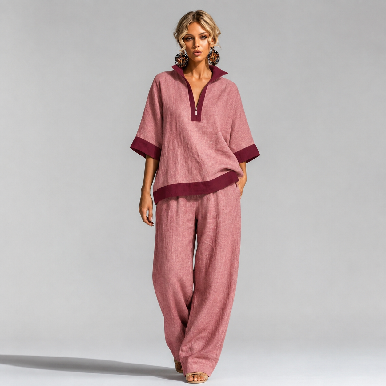 Women's Contrast-Trim Split-Neck Top and Wide-Leg Pants Set - 4-Piece Dusty Rose/Burgundy Set - 26.99 $