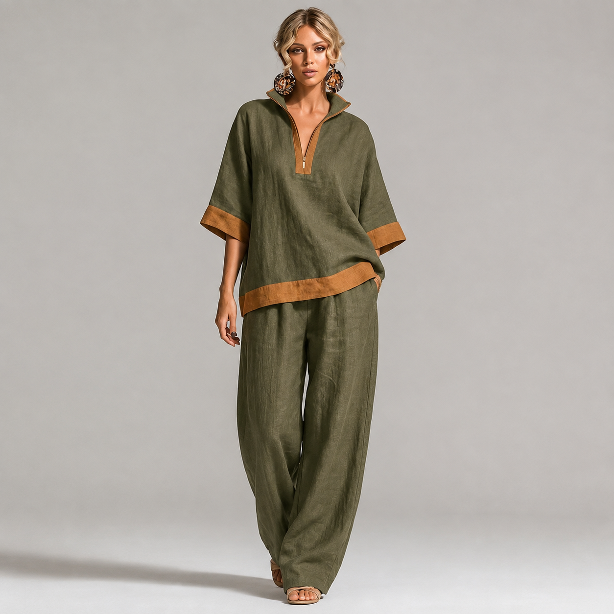 Women's Contrast-Trim Split-Neck Top and Wide-Leg Pants Set - 4-Piece Olive/Tan Set - 26.99 $