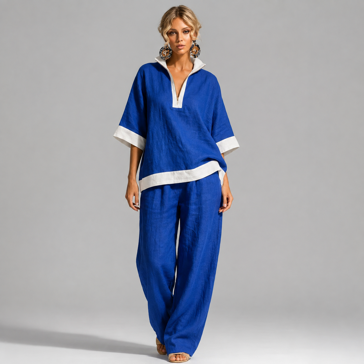 Women's Contrast-Trim Split-Neck Top and Wide-Leg Pants Set - 4-Piece Cobalt/White Set - 26.99 $