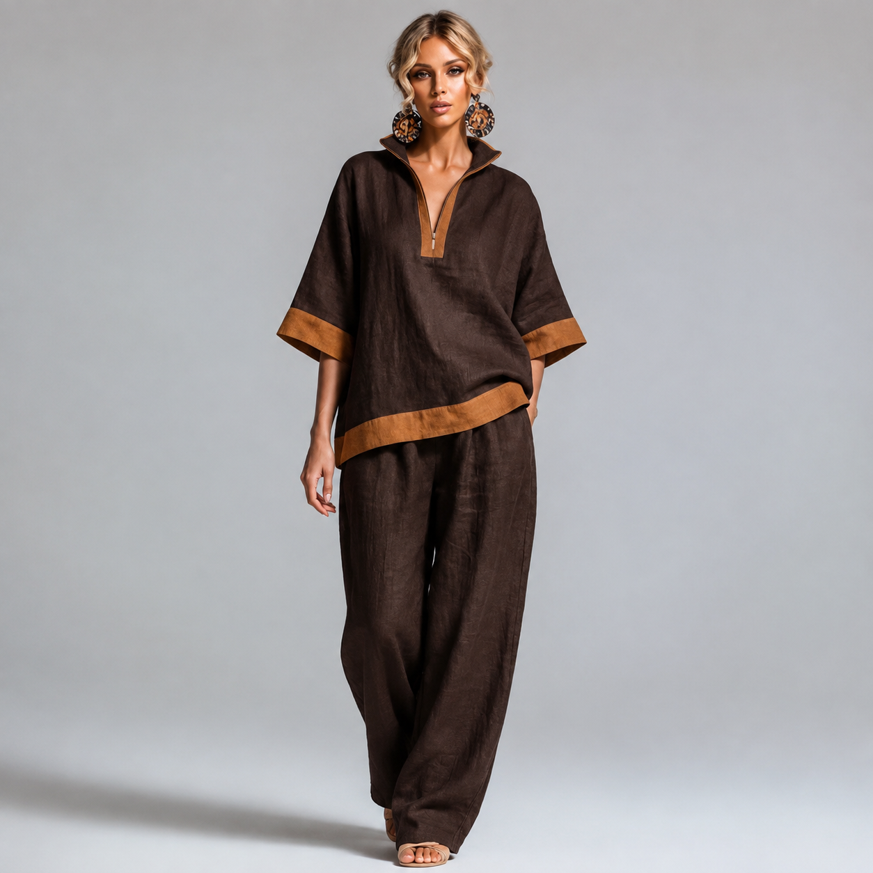 Women's Contrast-Trim Split-Neck Top and Wide-Leg Pants Set - 4-Piece Chocolate/Camel Set - 26.99 $
