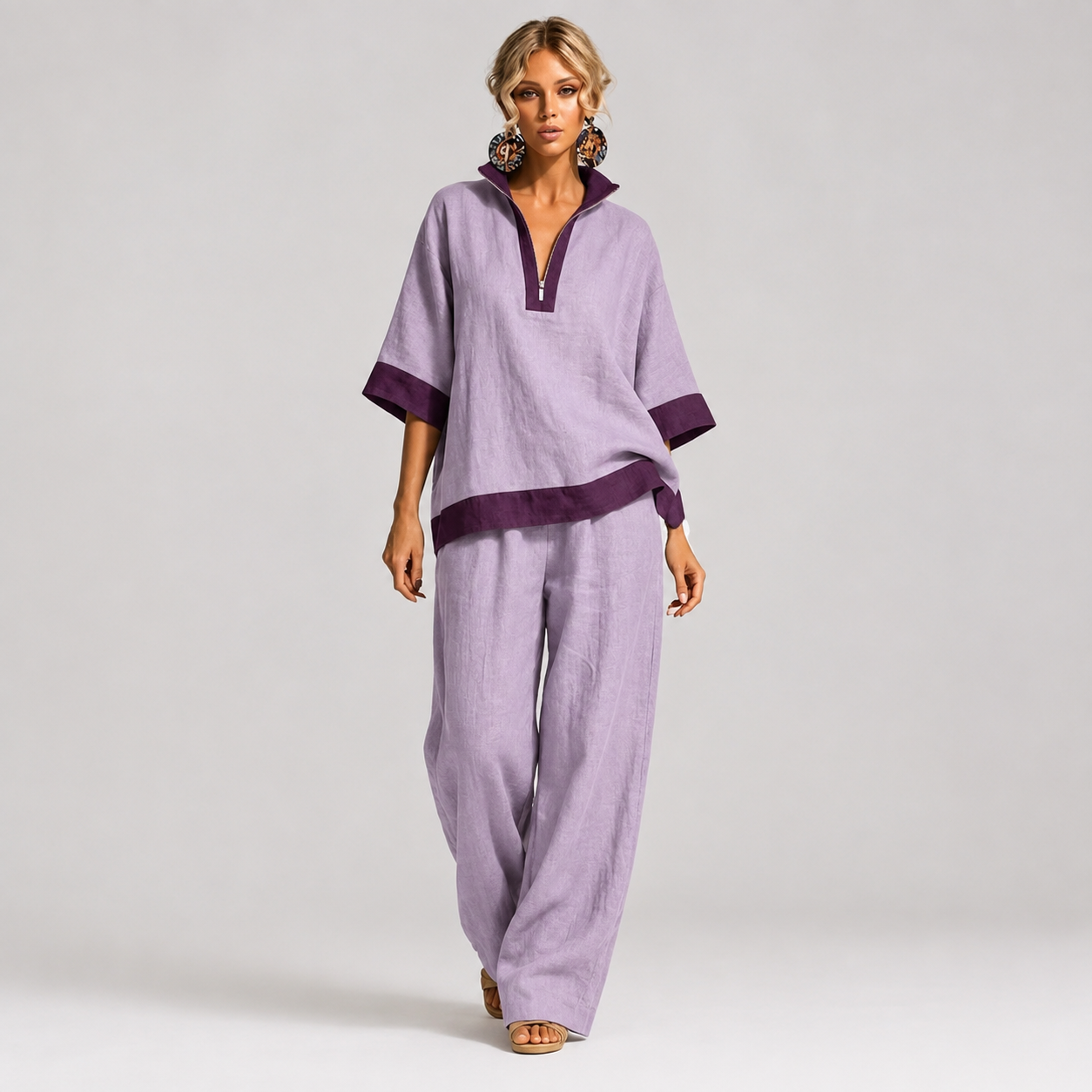 Women's Contrast-Trim Split-Neck Top and Wide-Leg Pants Set - 4-Piece Lavender/Plum Set - 26.99 $