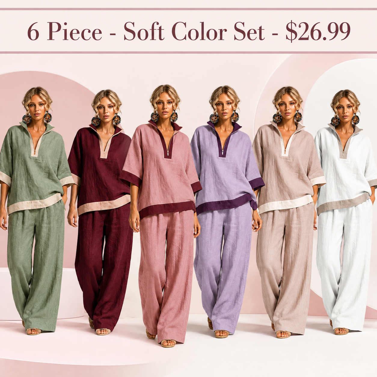 Women's Contrast-Trim Split-Neck Top and Wide-Leg Pants Set - 6 Piece - Soft Color Set - 26.99 $