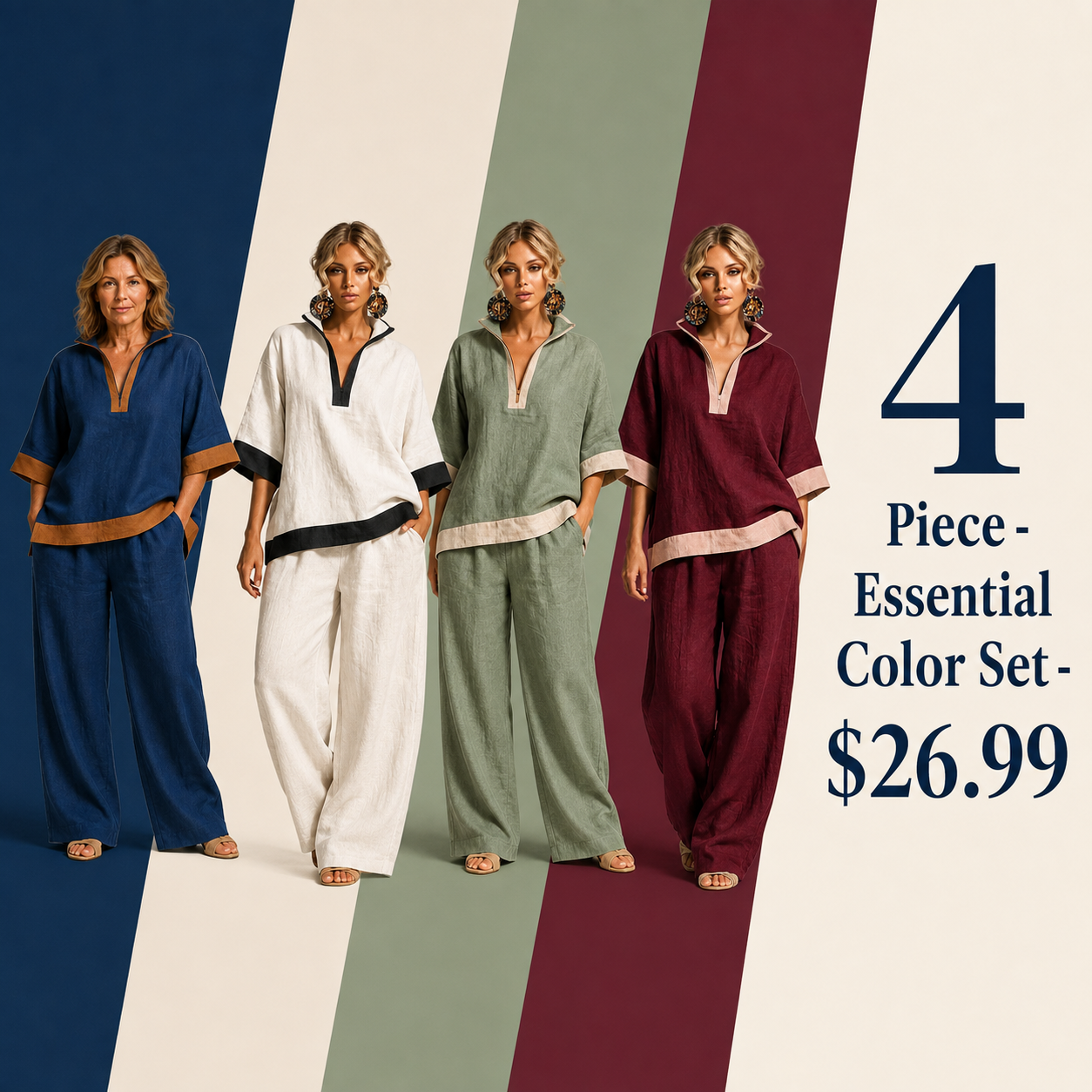 Women's Contrast-Trim Split-Neck Top and Wide-Leg Pants Set - 4 Piece - Essential Color Set - 26.99 $