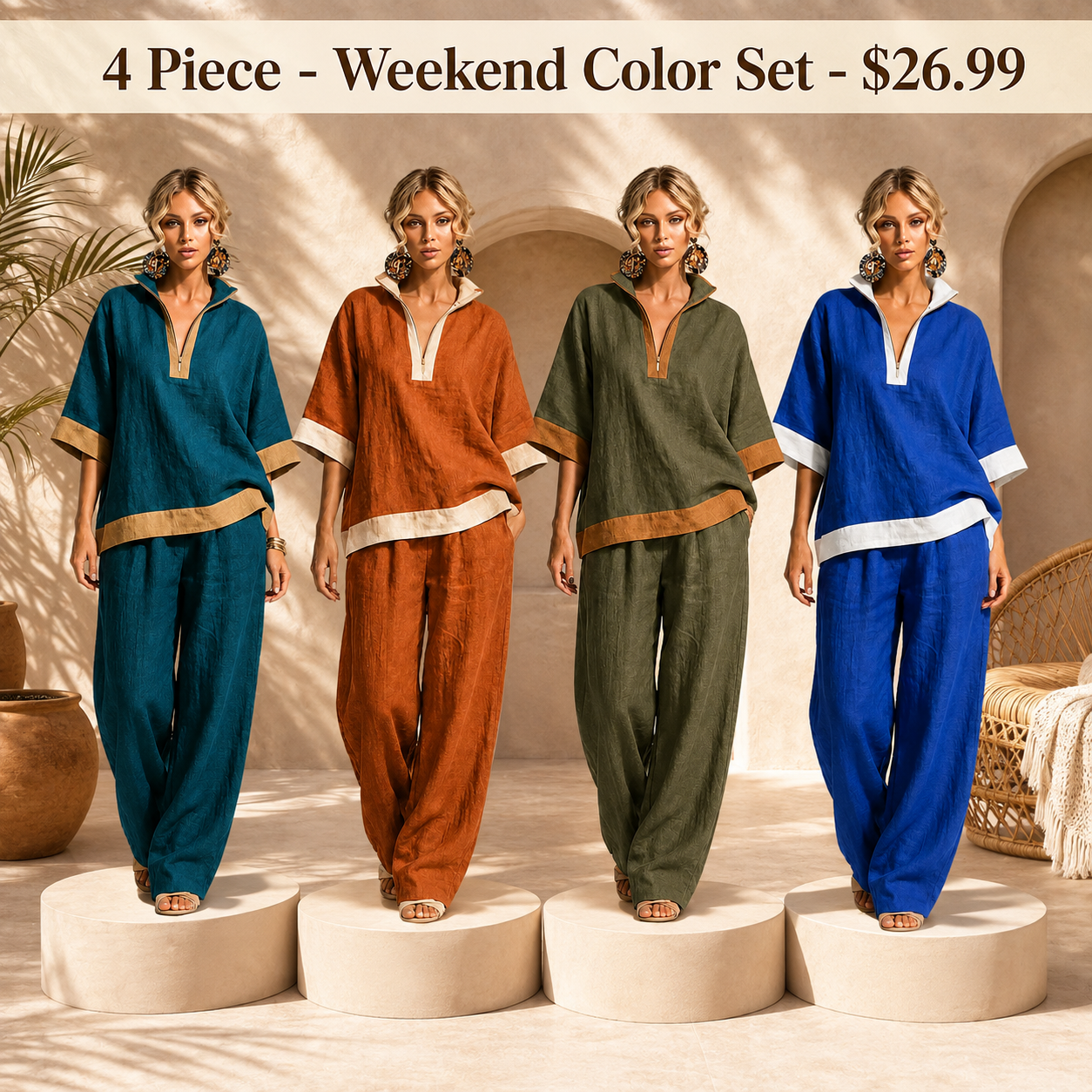 Women's Contrast-Trim Split-Neck Top and Wide-Leg Pants Set - 4 Piece - Weekend Color Set - 26.99 $
