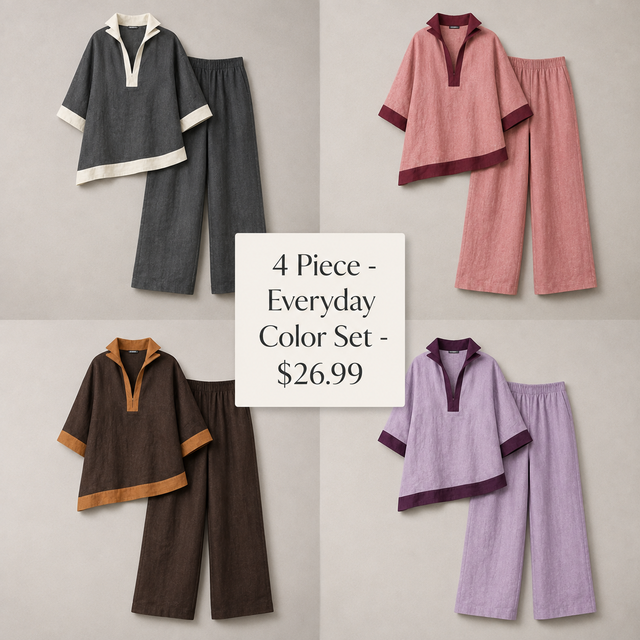 Women's Contrast-Trim Split-Neck Top and Wide-Leg Pants Set - 4 Piece - Everyday Color Set - 26.99 $