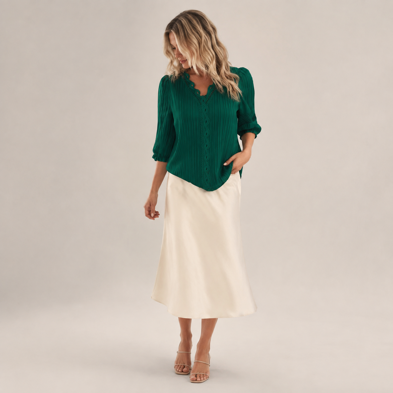 Women's Pleated Lace-Trim Three-Quarter-Sleeve Blouse - Styled for a relaxed weekend