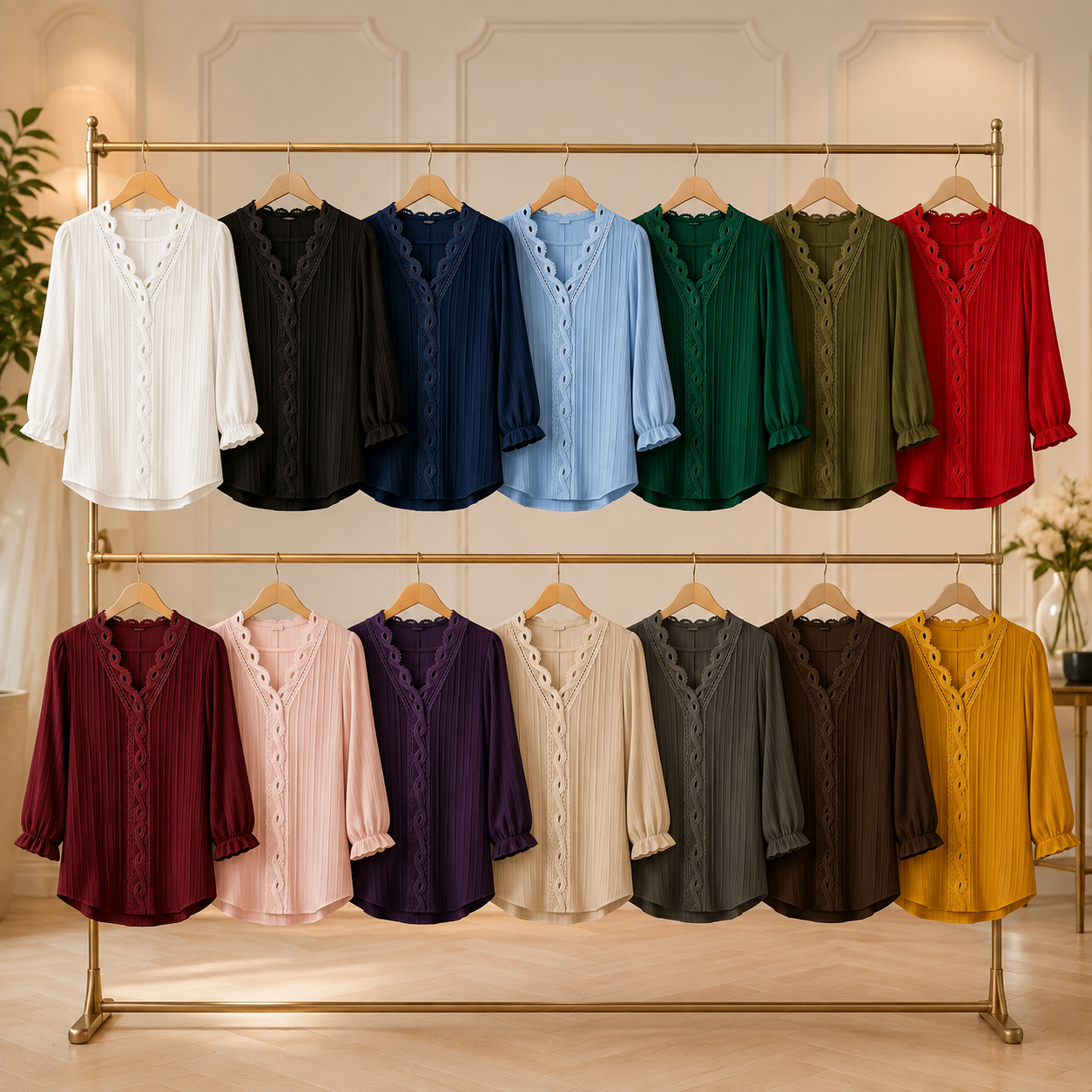 Women's Pleated Lace-Trim Three-Quarter-Sleeve Blouse - 14 Piece - Complete Color Collection - 36.99 $