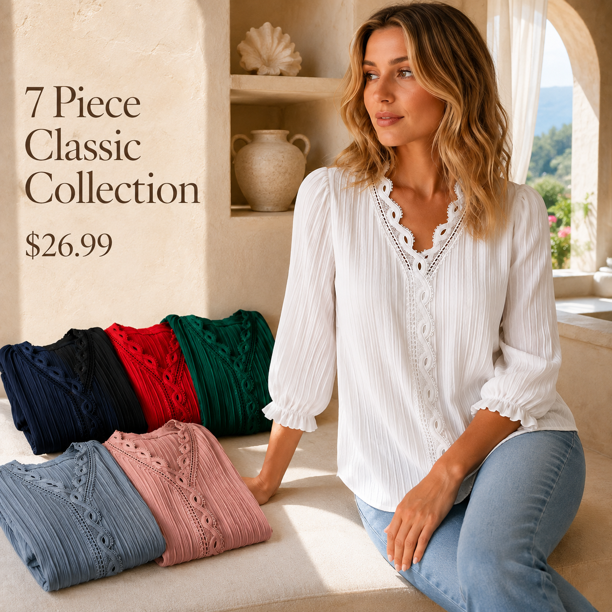 Women's Pleated Lace-Trim Three-Quarter-Sleeve Blouse - 7 Piece - Classic Color Set - 26.99 $