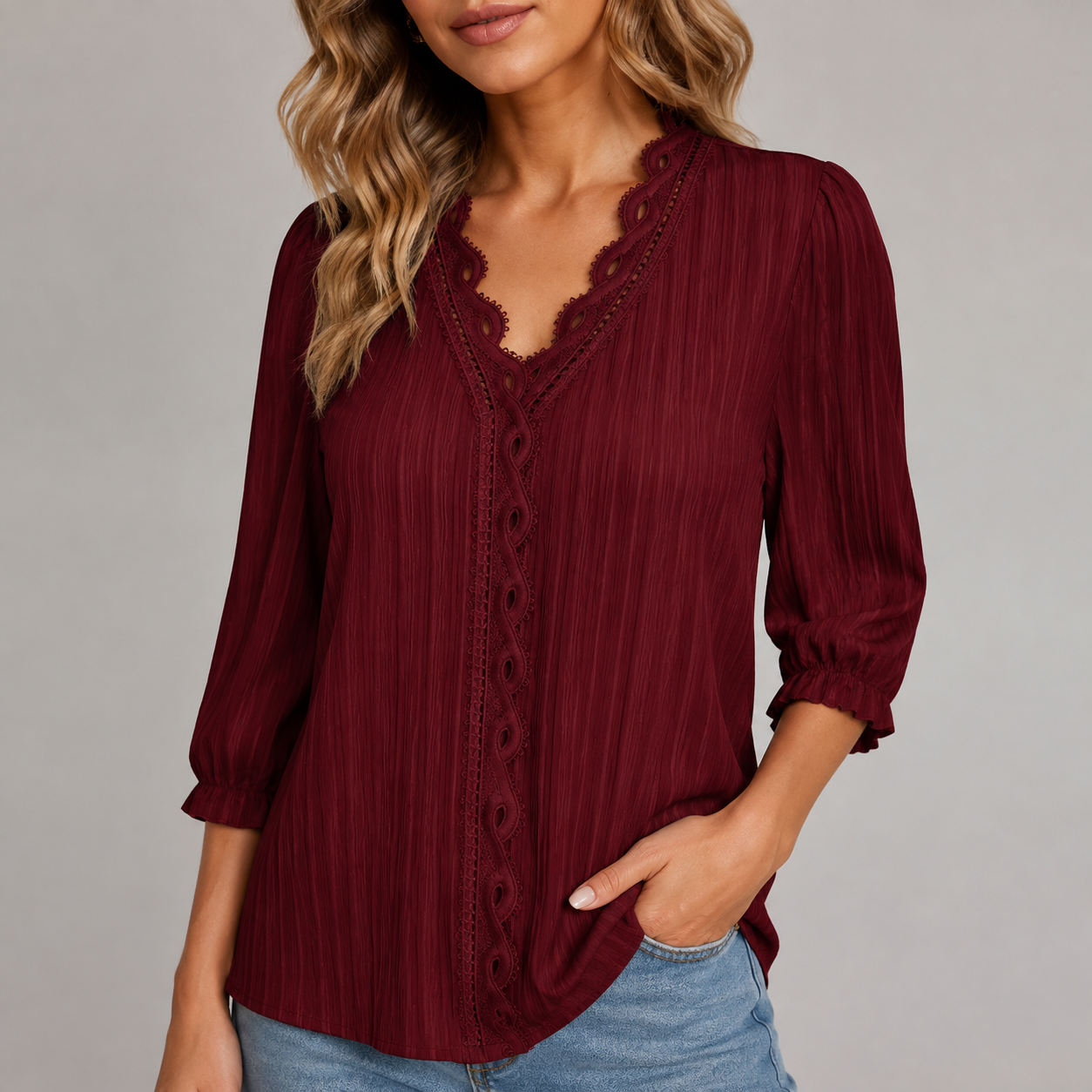 Women's Pleated Lace-Trim Three-Quarter-Sleeve Blouse - 7-Piece Burgundy Set - 26.99 $