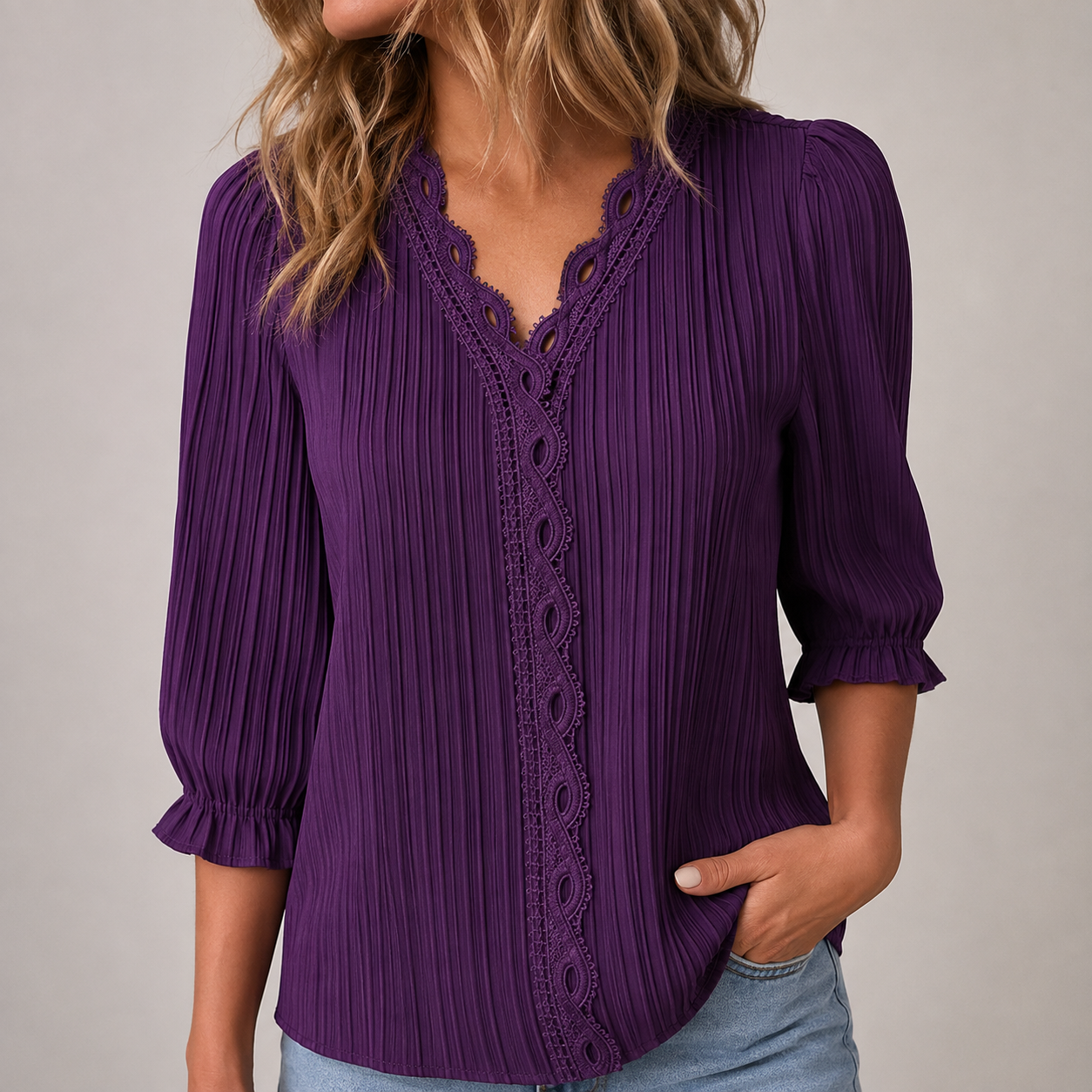 Women's Pleated Lace-Trim Three-Quarter-Sleeve Blouse - 7-Piece Deep Purple Set - 26.99 $
