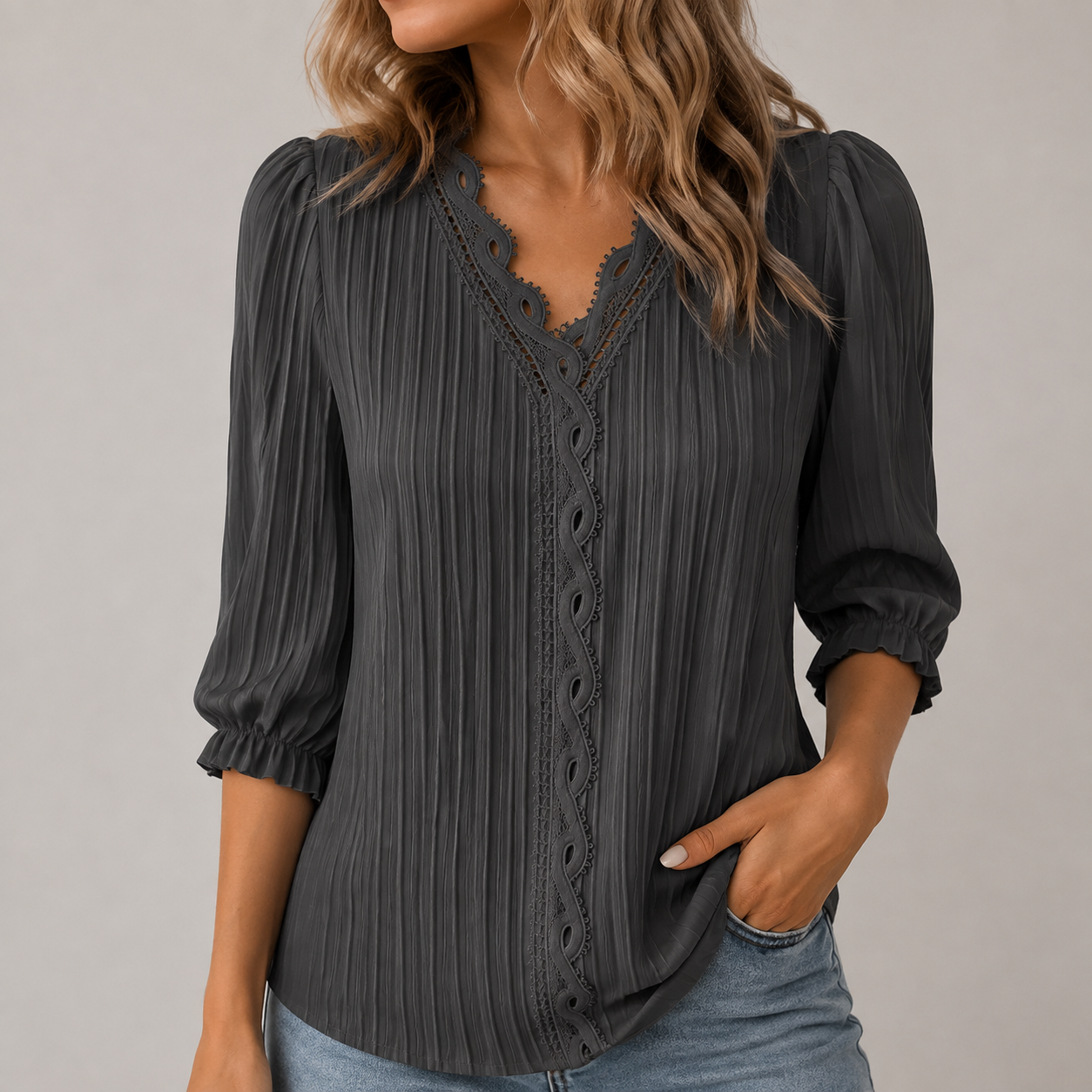 Women's Pleated Lace-Trim Three-Quarter-Sleeve Blouse - 7-Piece Charcoal Gray Set - 26.99 $
