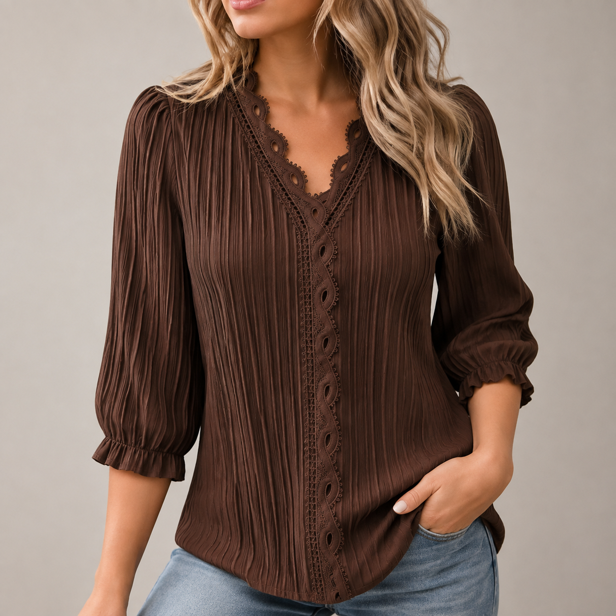 Women's Pleated Lace-Trim Three-Quarter-Sleeve Blouse - 7-Piece Chocolate Brown Set - 26.99 $