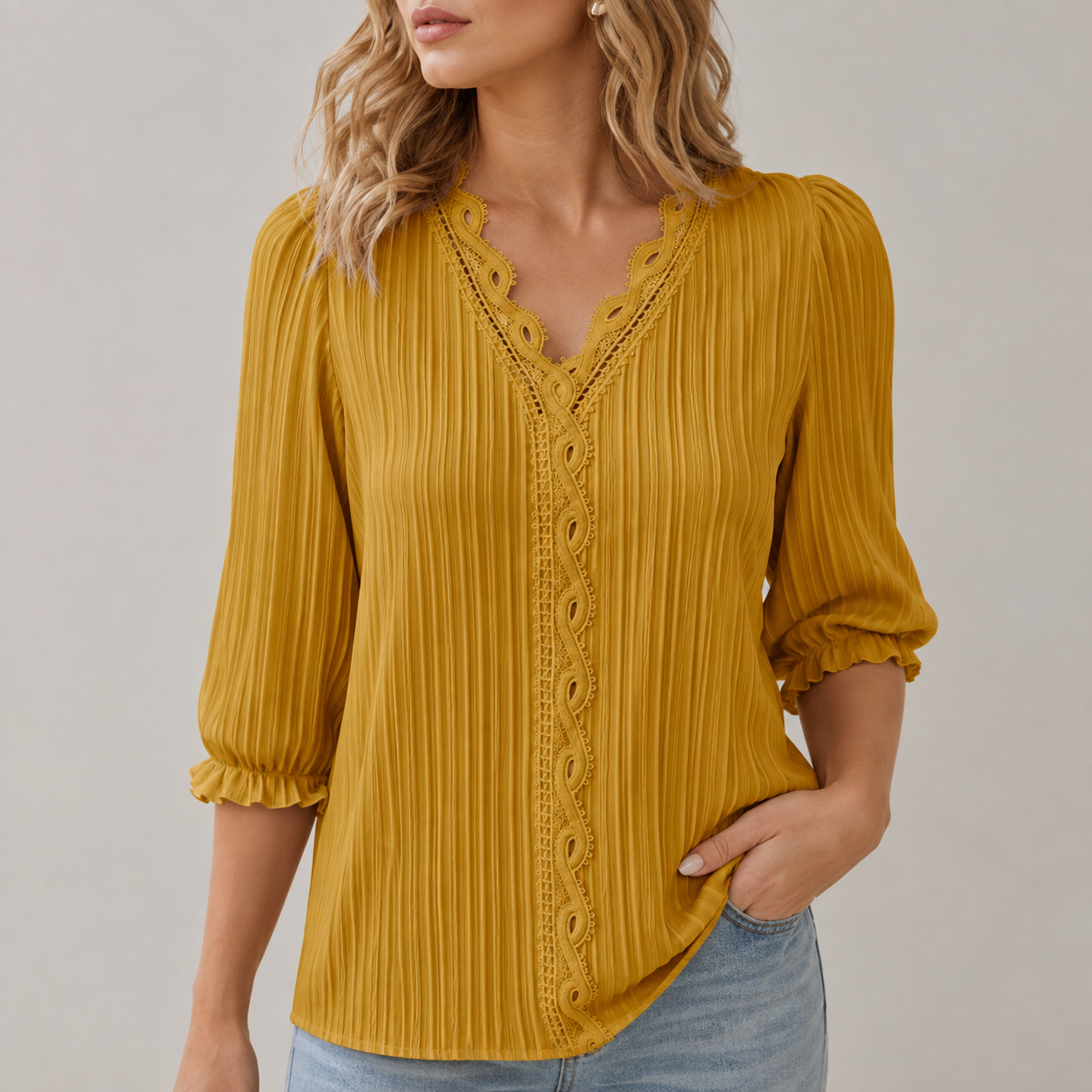 Women's Pleated Lace-Trim Three-Quarter-Sleeve Blouse - 7-Piece Mustard Yellow Set - 26.99 $