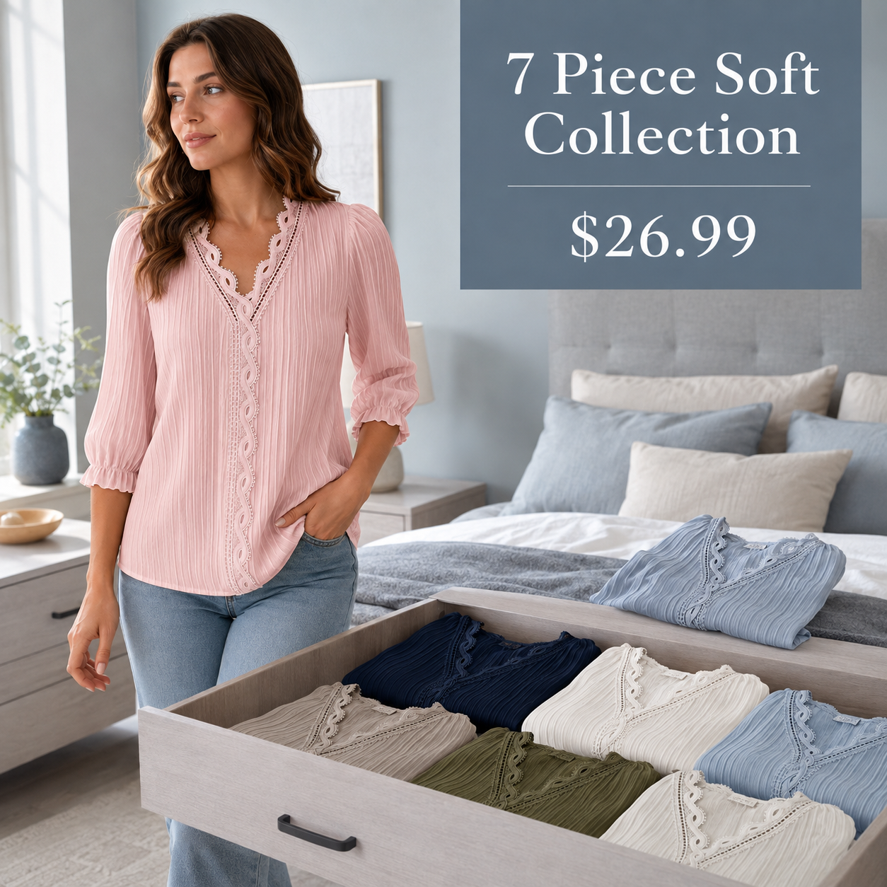 Women's Pleated Lace-Trim Three-Quarter-Sleeve Blouse - 7 Piece - Soft Color Set - 26.99 $