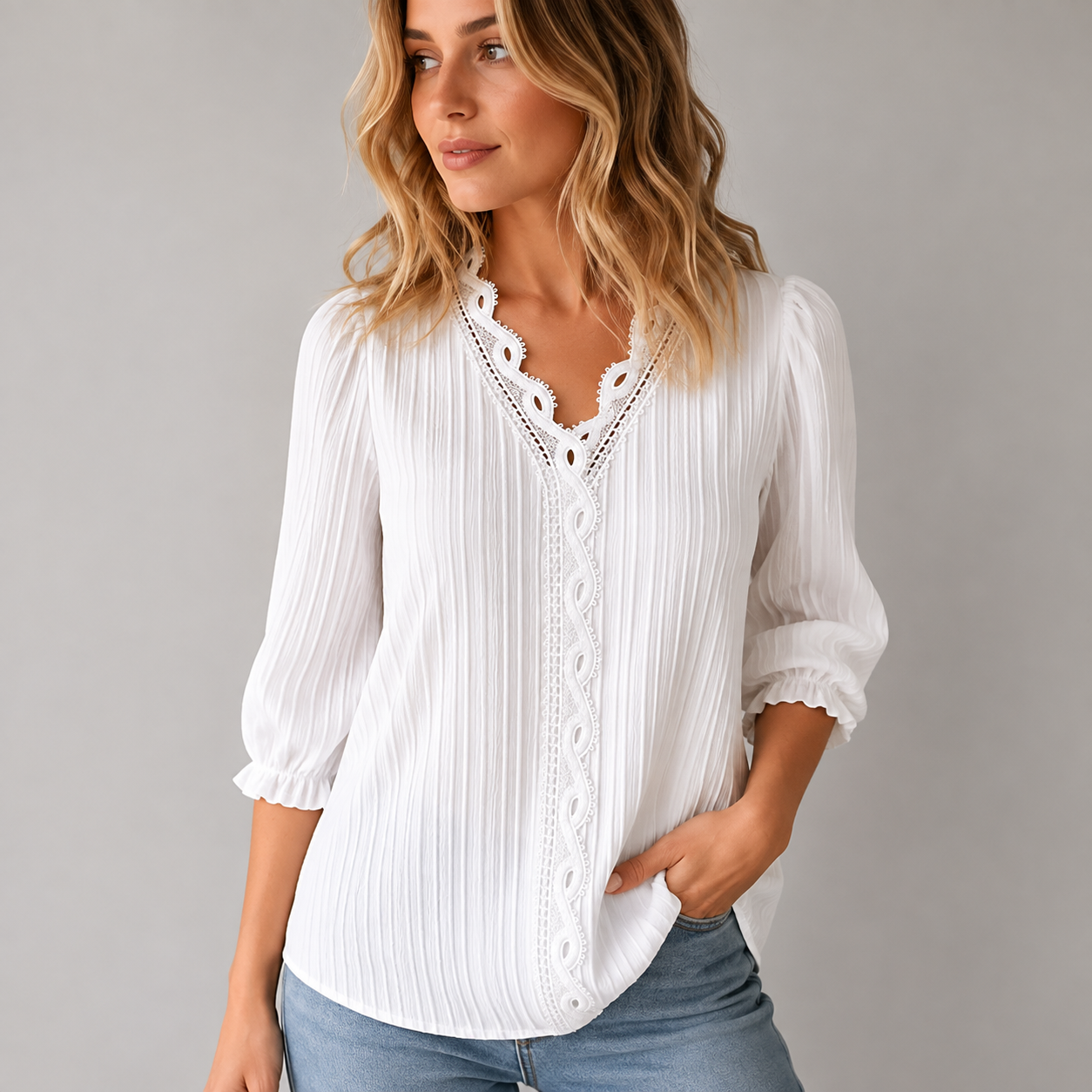 Women's Pleated Lace-Trim Three-Quarter-Sleeve Blouse - 7-Piece White Set - 26.99 $