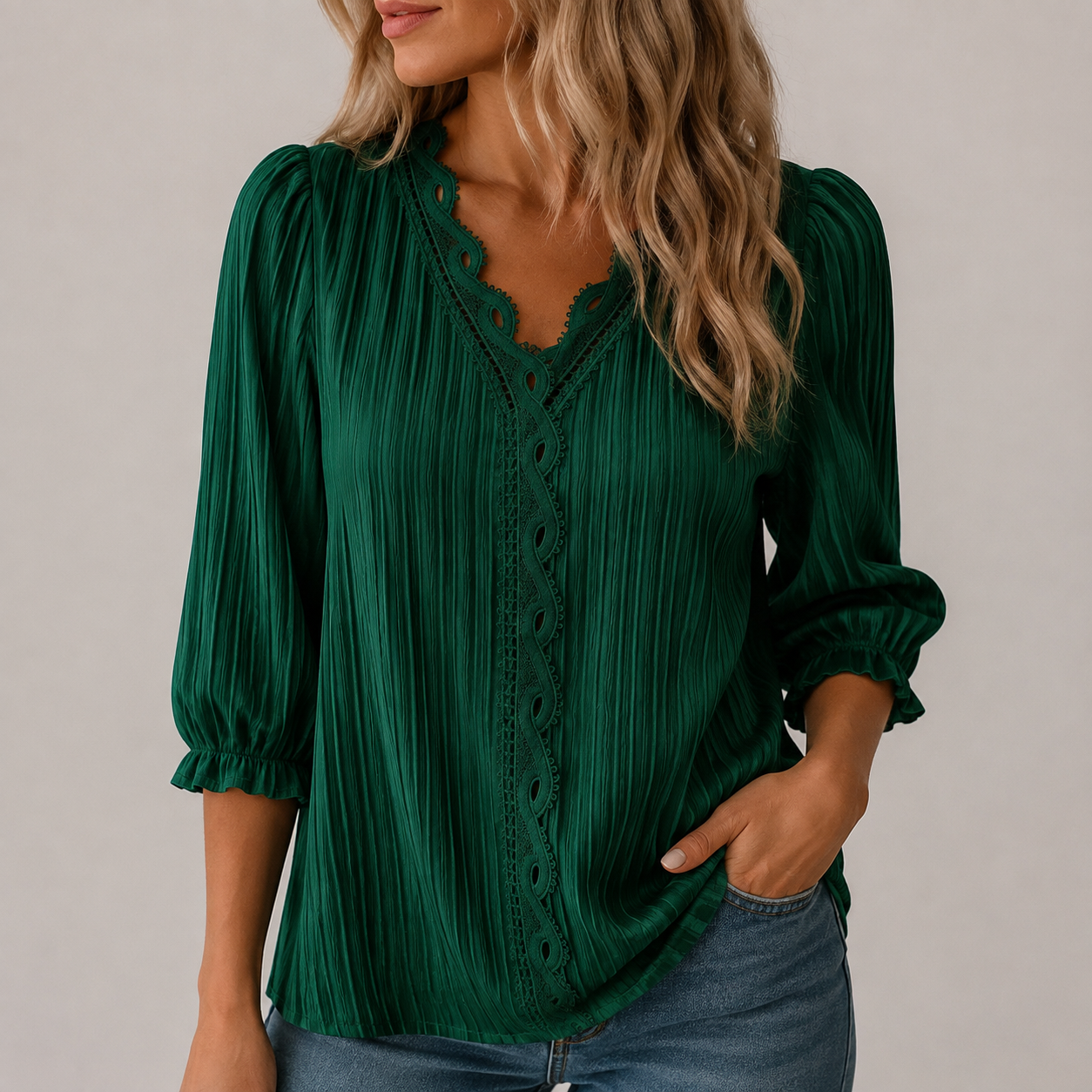 Women's Pleated Lace-Trim Three-Quarter-Sleeve Blouse - 7-Piece Emerald Green Set - 26.99 $