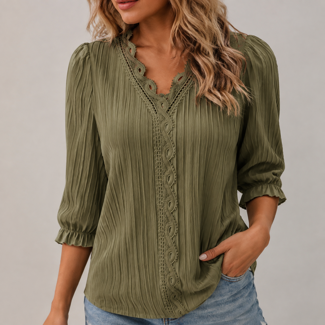 Women's Pleated Lace-Trim Three-Quarter-Sleeve Blouse - 7-Piece Olive Green Set - 26.99 $