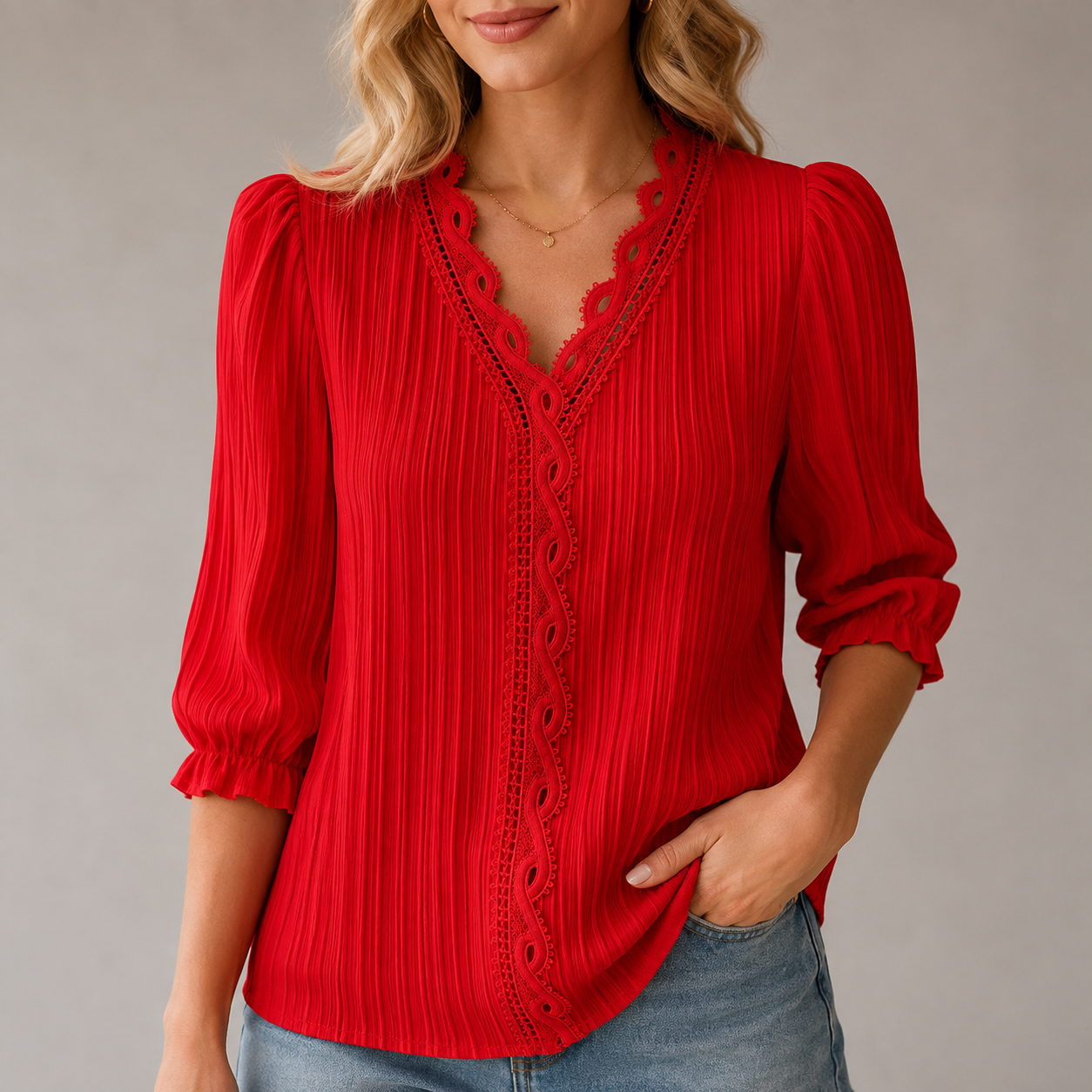 Women's Pleated Lace-Trim Three-Quarter-Sleeve Blouse - 7-Piece Bright Red Set - 26.99 $
