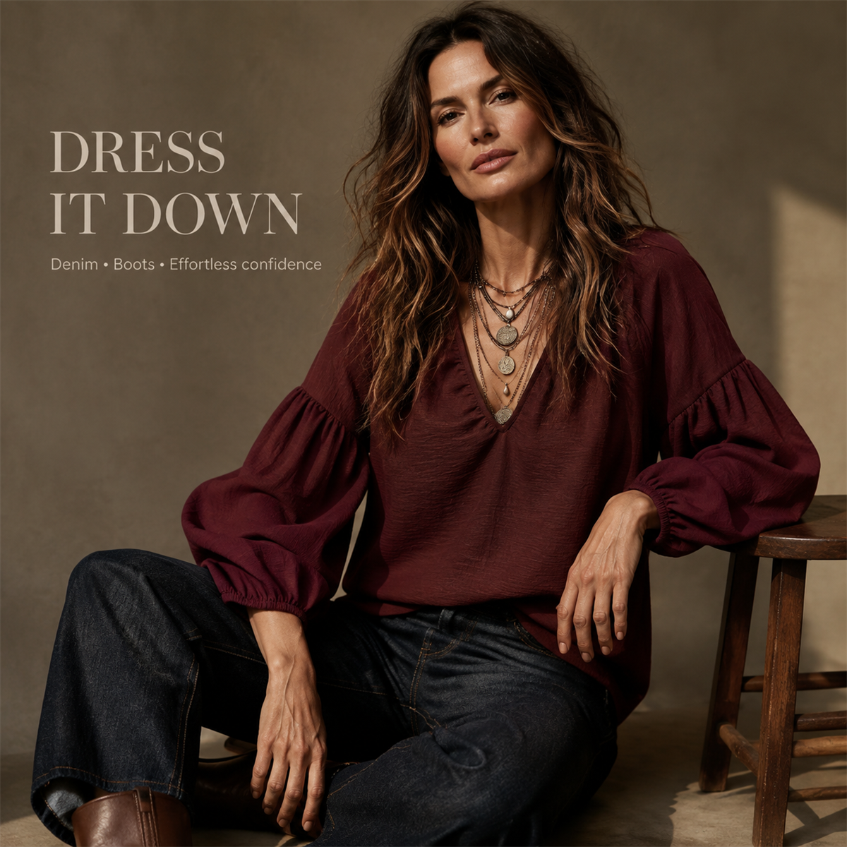 Women's Relaxed V-Neck Balloon-Sleeve Blouse - Styled with tailored separates