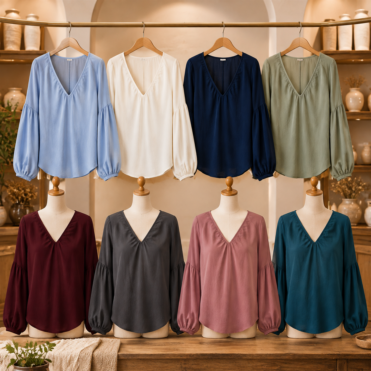 Women's Relaxed V-Neck Balloon-Sleeve Blouse - 8 Piece - Complete Color Collection - 36.99 $