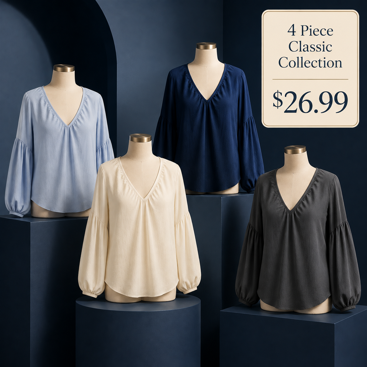 Women's Relaxed V-Neck Balloon-Sleeve Blouse - 4 Piece - Classic Color Set - 26.99 $