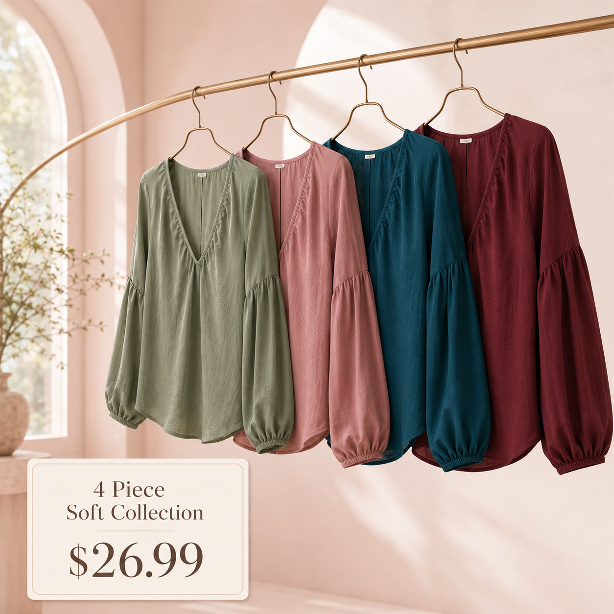 Women's Relaxed V-Neck Balloon-Sleeve Blouse - 4 Piece - Soft Color Set - 26.99 $