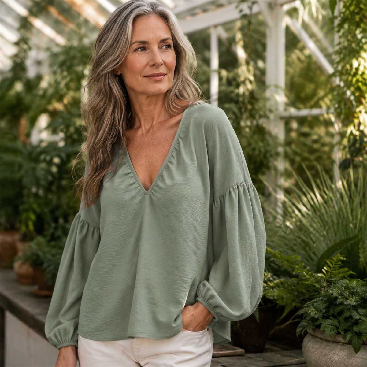 Women's Relaxed V-Neck Balloon-Sleeve Blouse - 4-Piece Sage Green Set - 26.99 $