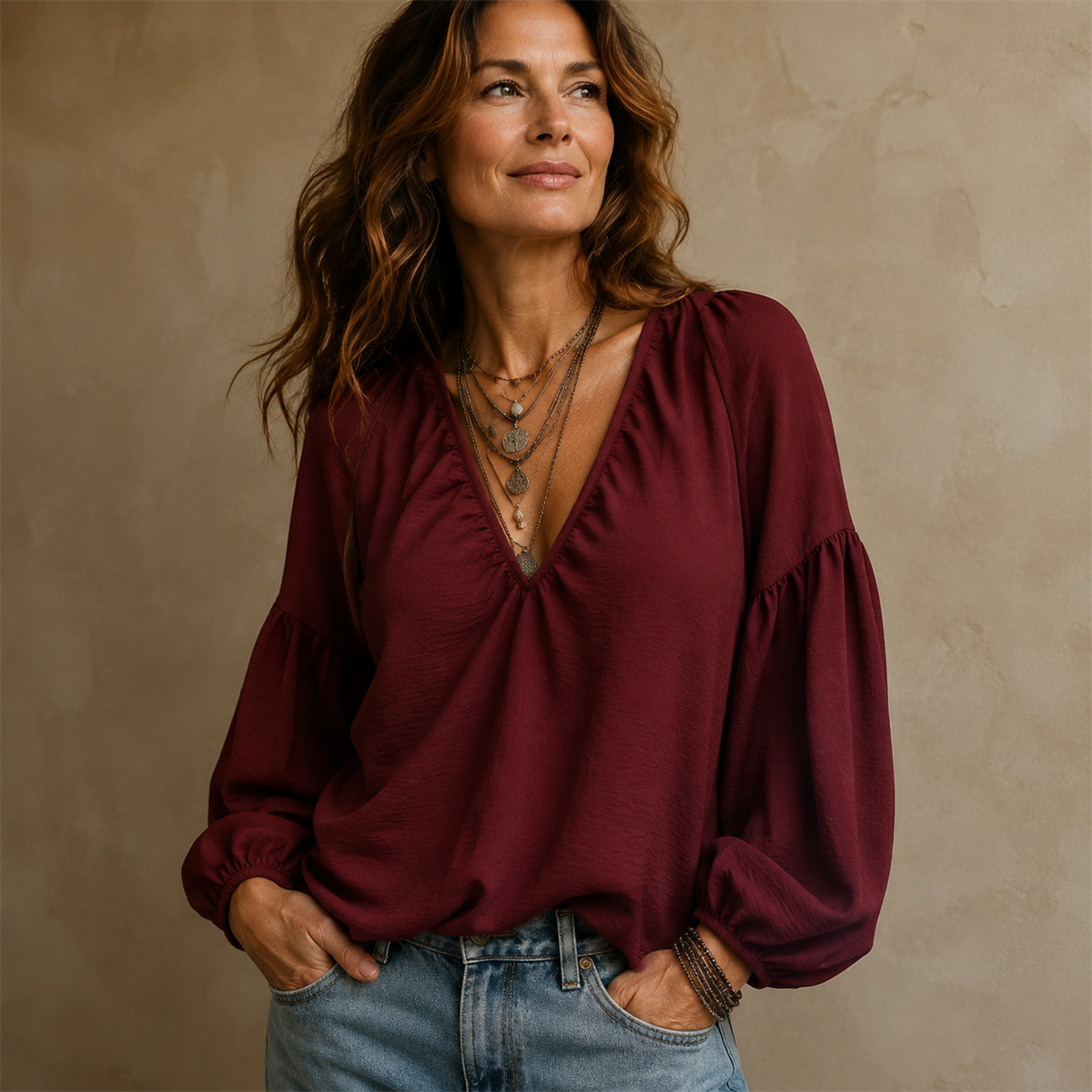 Women's Relaxed V-Neck Balloon-Sleeve Blouse - 4-Piece Burgundy Set - 26.99 $