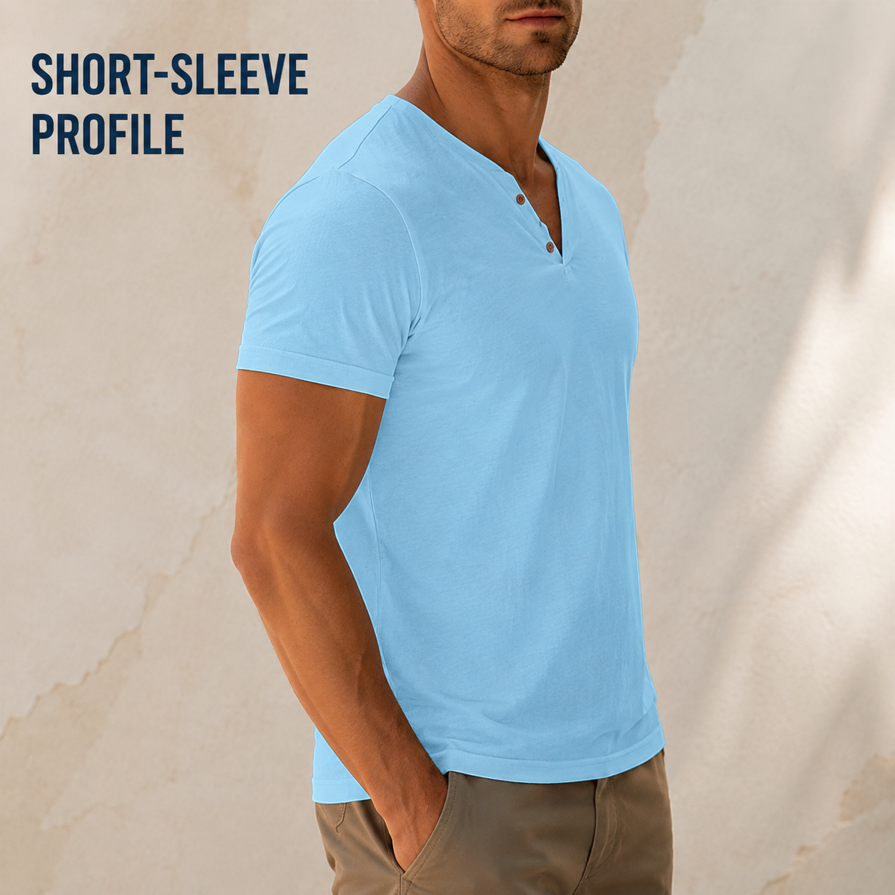Men's Two-Button V-Neck Short-Sleeve Henley T-Shirt - Worn during an easy weekend outing