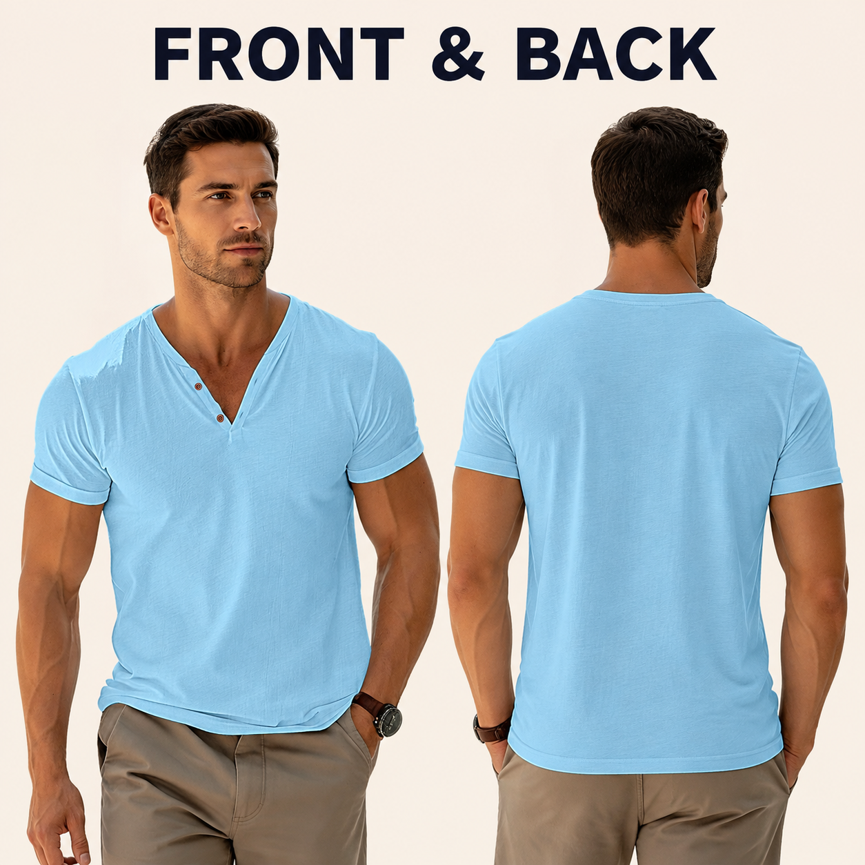 Men's Two-Button V-Neck Short-Sleeve Henley T-Shirt - Styled with denim